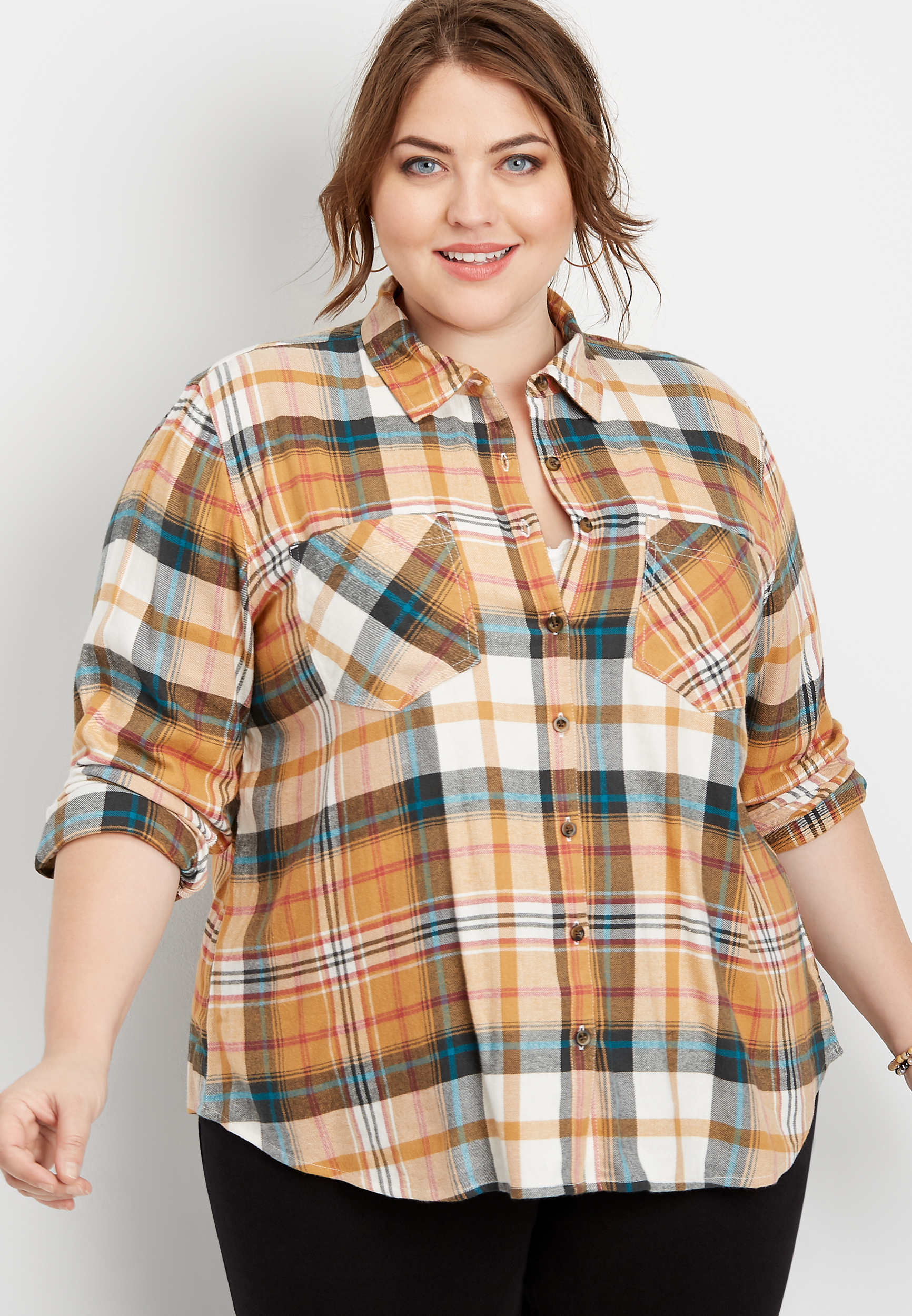 plus size flannel plaid button down shirt | maurices