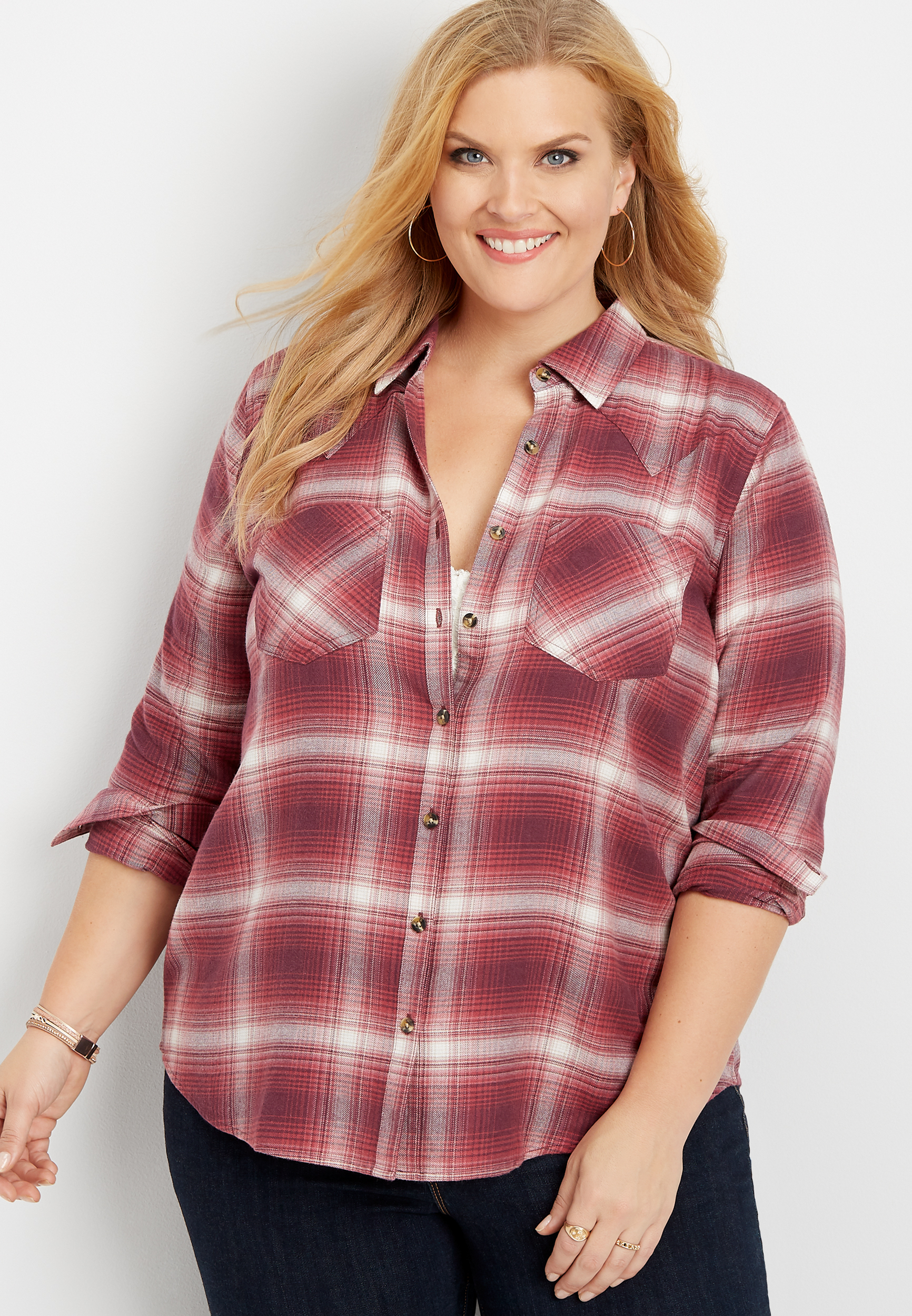 plus size flannel plaid long sleeve button down shirt | maurices