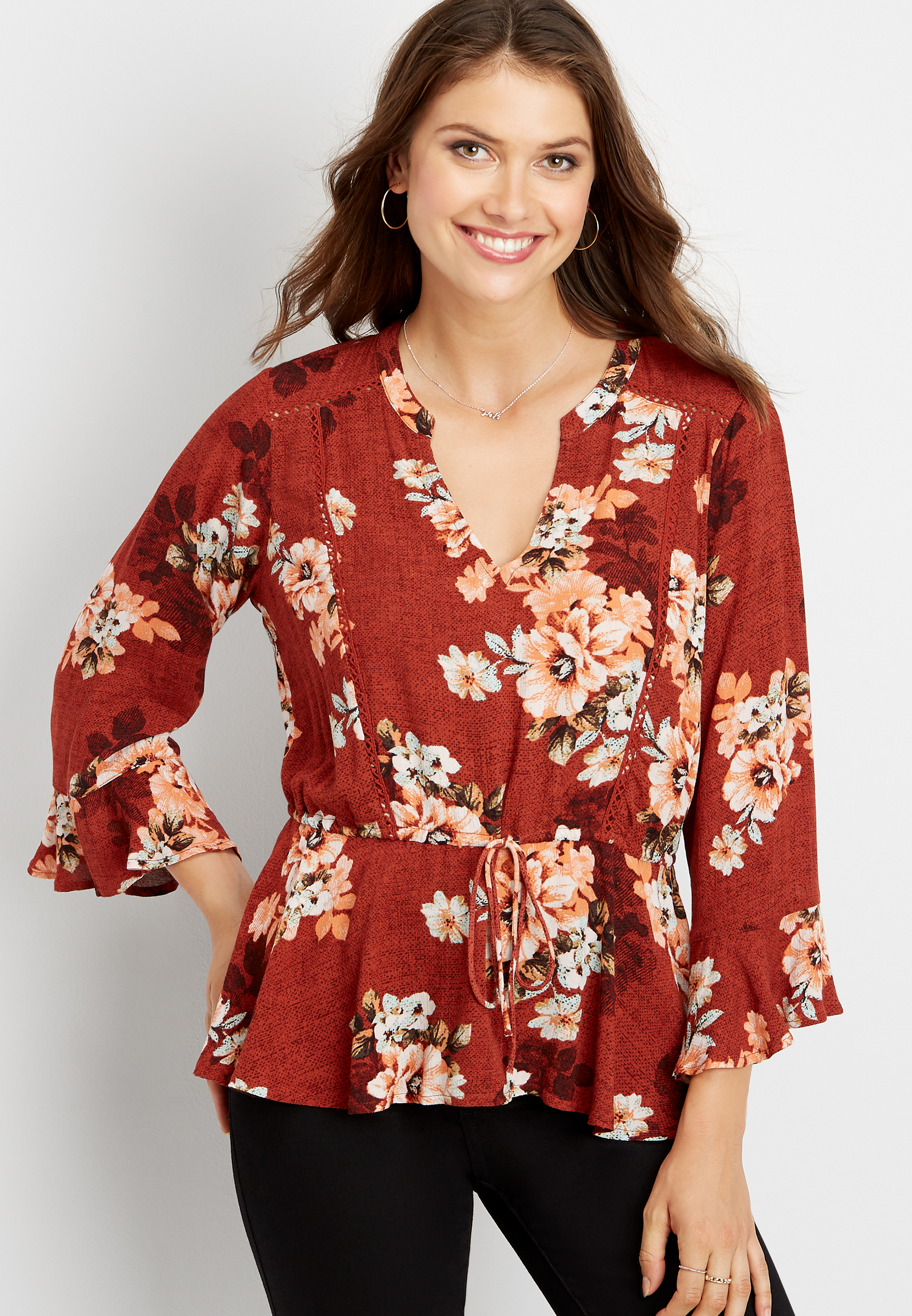 floral crocheted trim peasant top | maurices