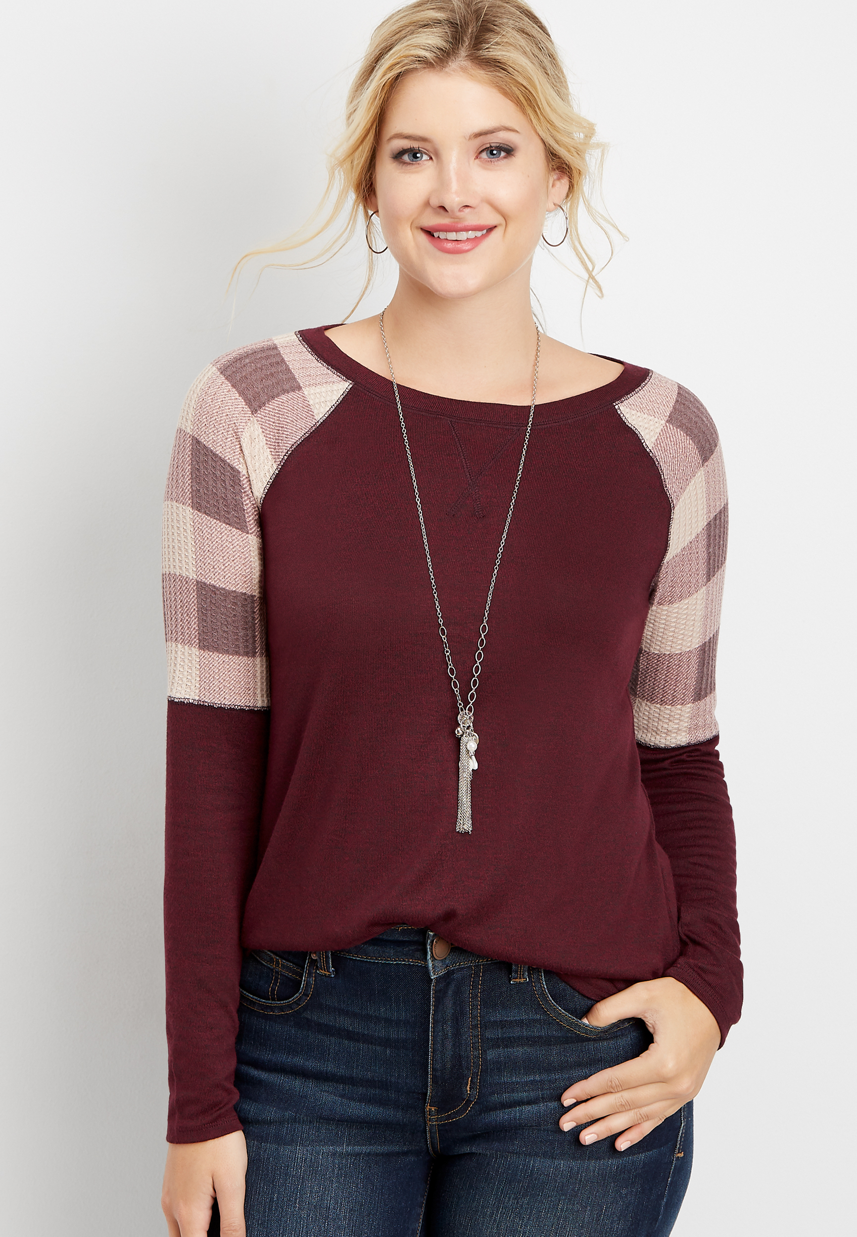 plaid sleeve baseball tee
