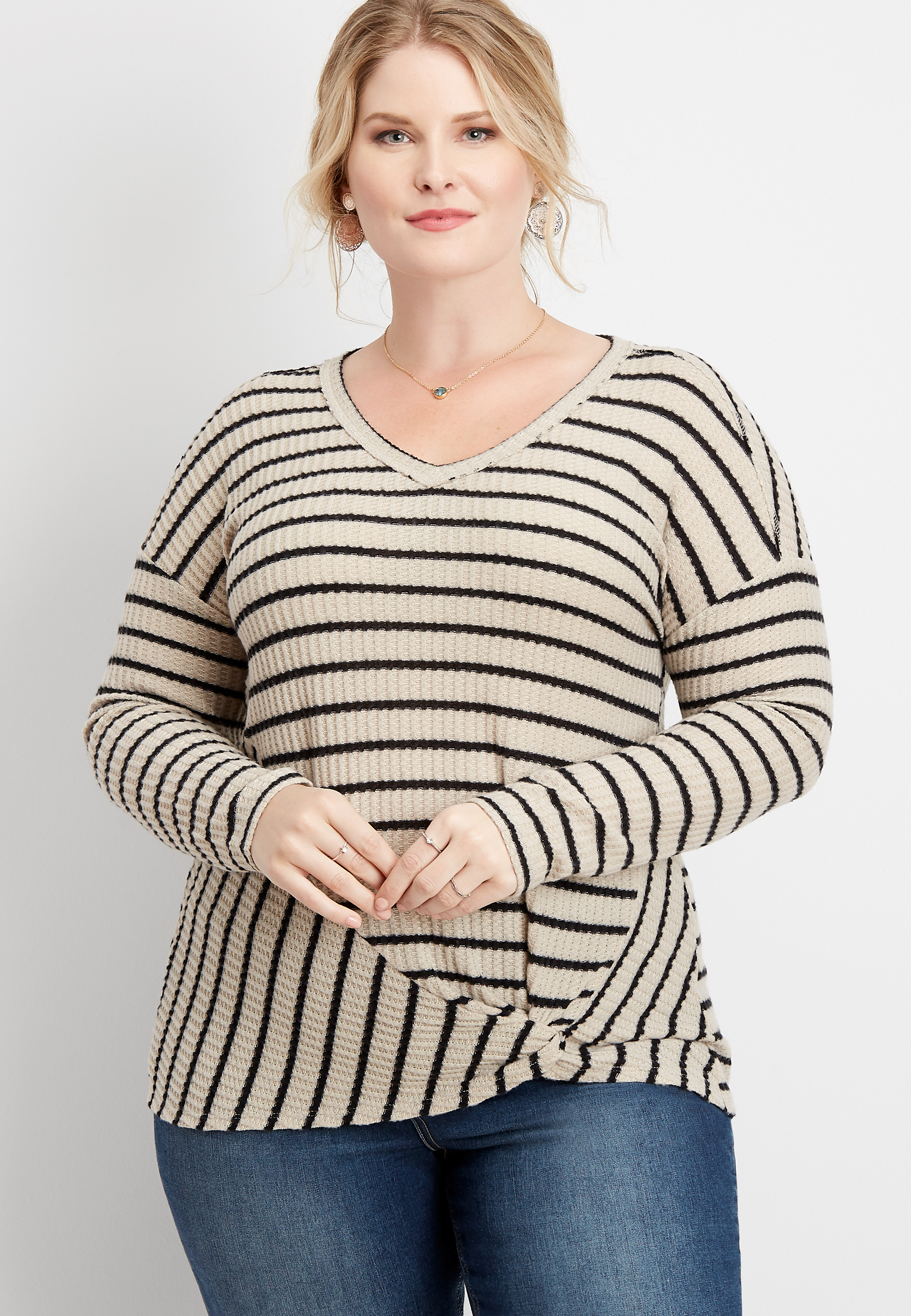 plus size 24/7 stripe twisted hem waffle tee | maurices