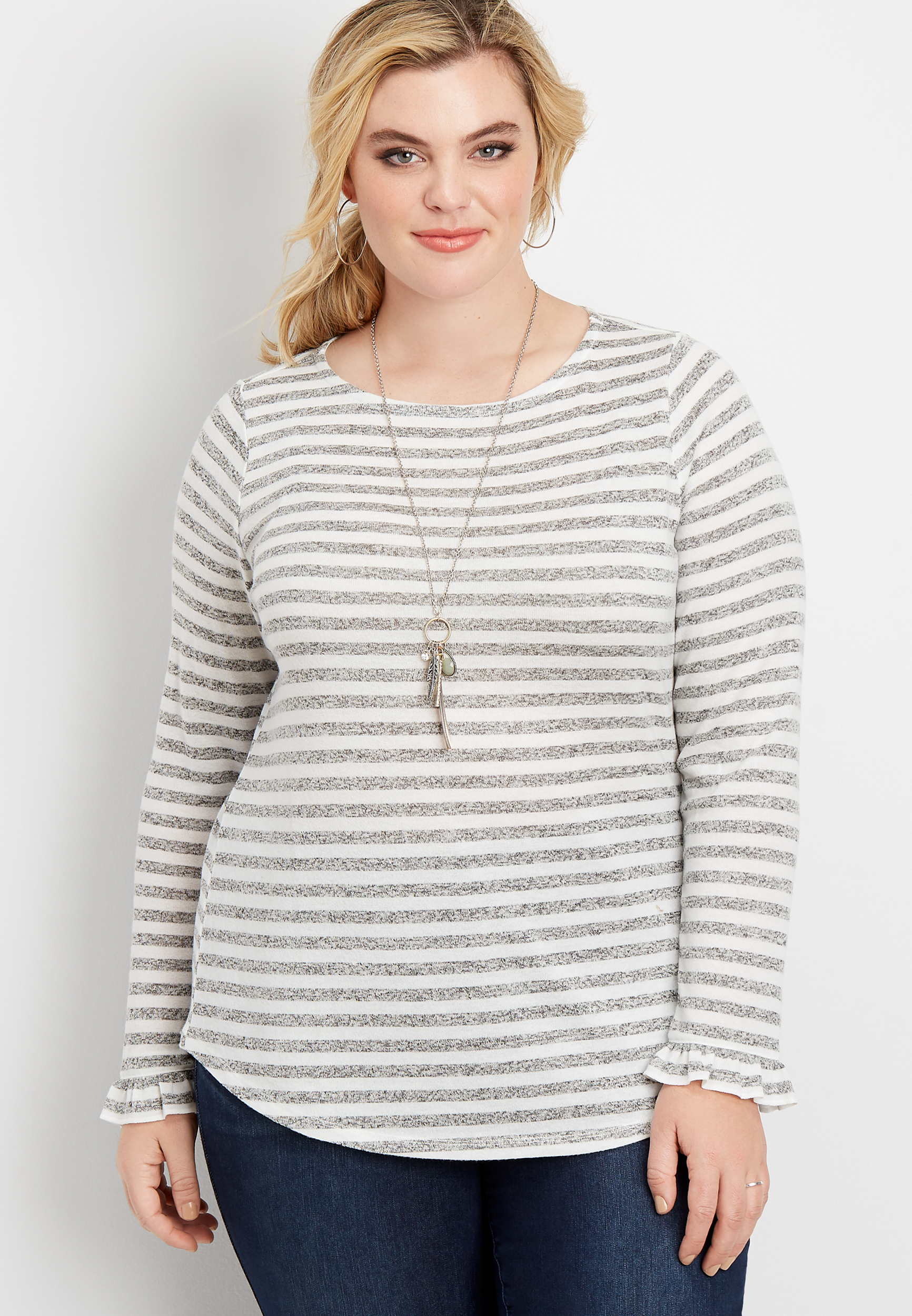 plus size 24/7 stripe long flutter sleeve tee | maurices