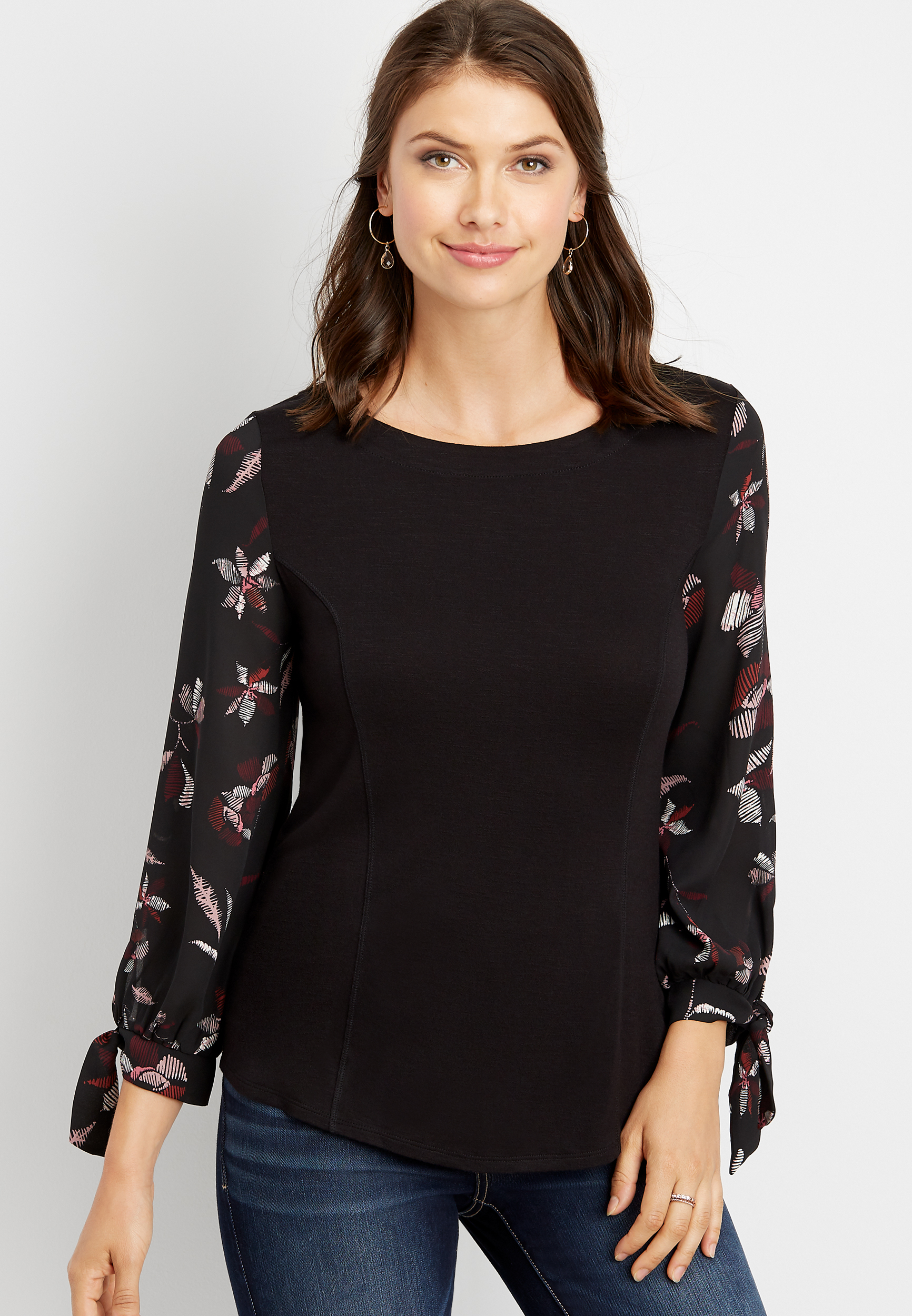 chiffon floral printed sleeve blouse | maurices