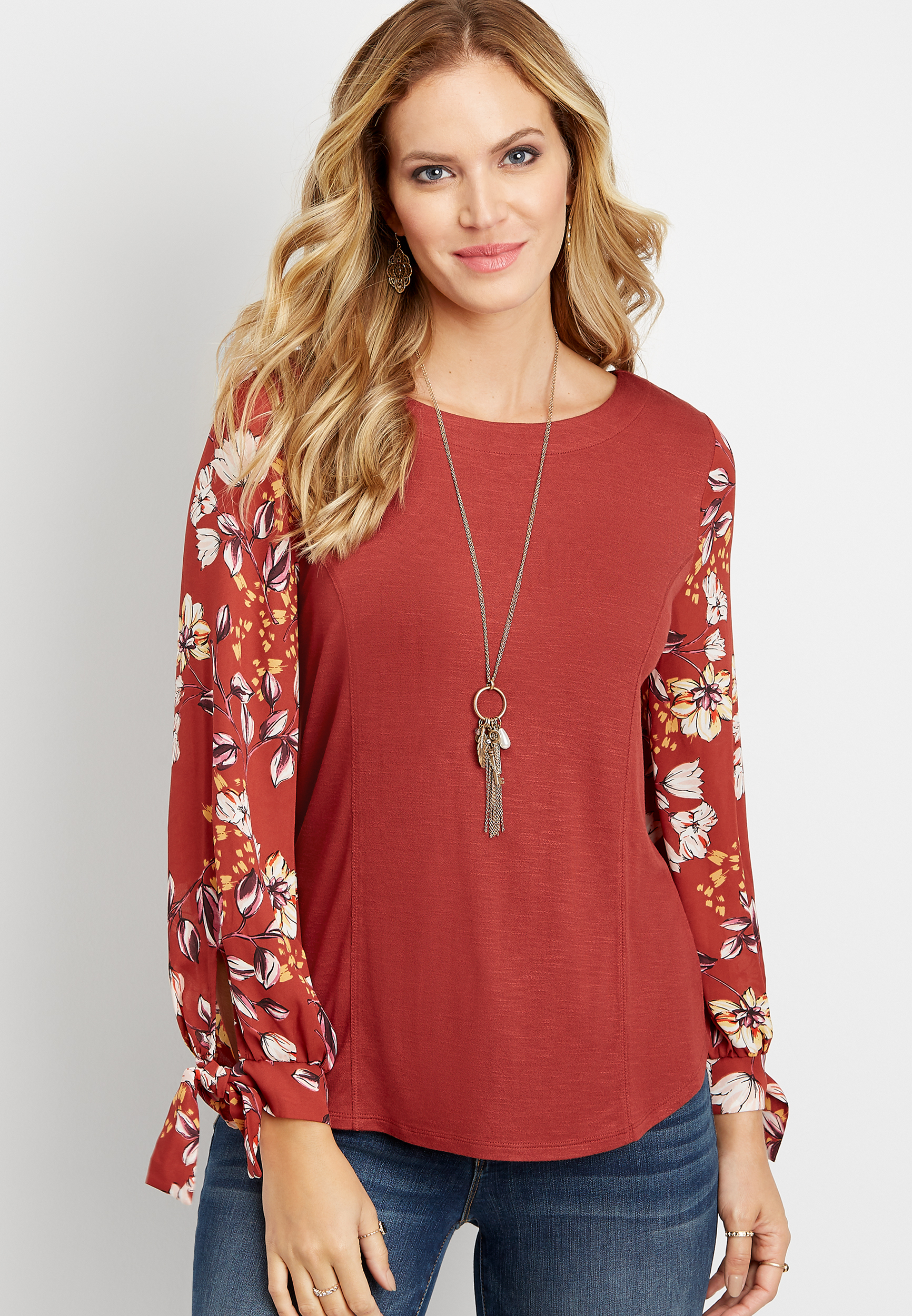 chiffon floral printed sleeve blouse | maurices