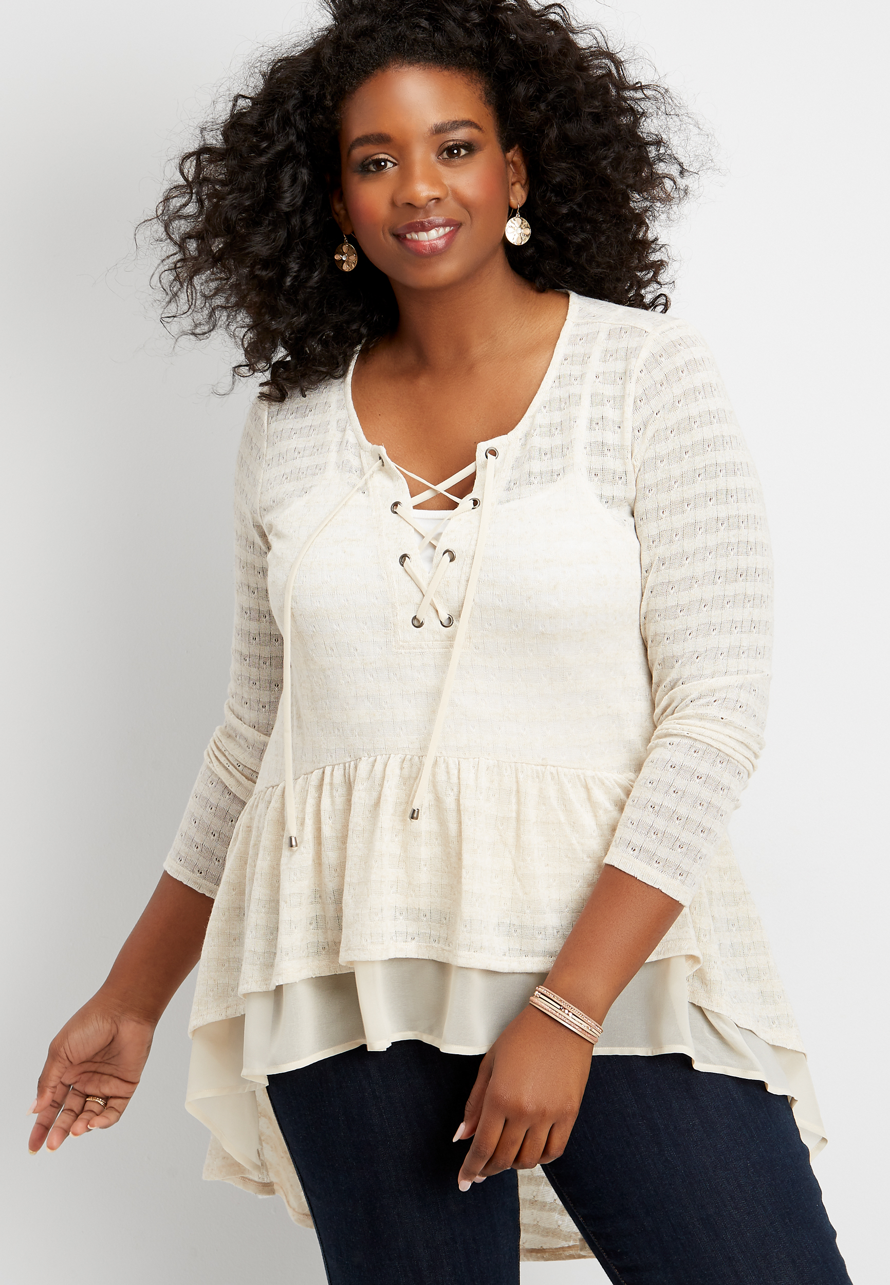 plus size pointelle high low lace up duster top | maurices