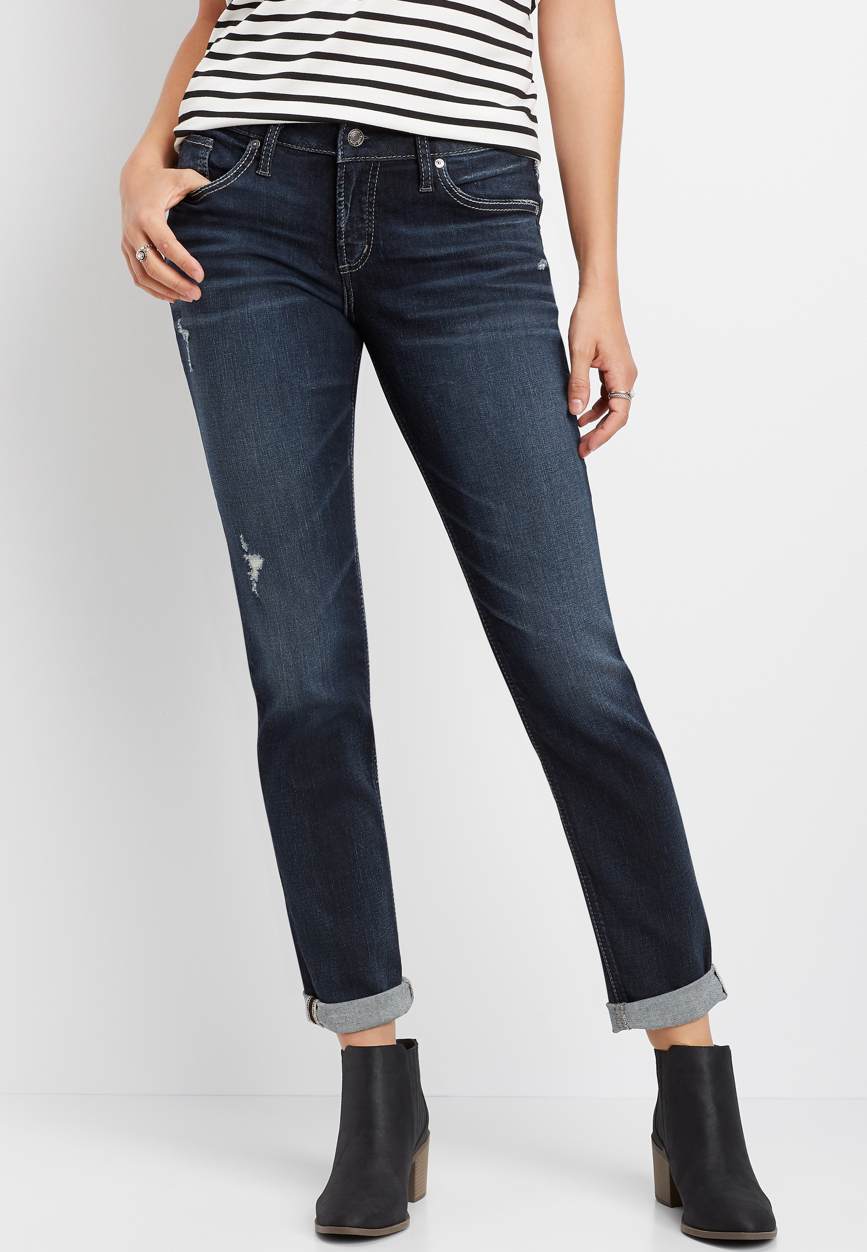 Silver Jeans Co.® Dark Wash Destructed Boyfriend Jean | maurices