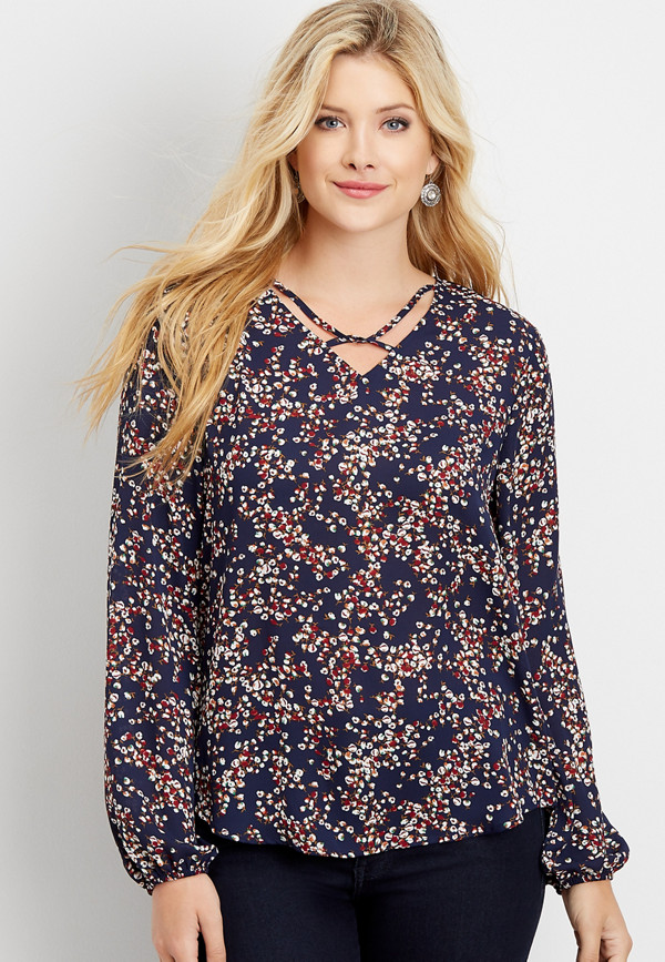floral twisted lattice neck blouse | maurices