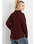 solid lace up back cowl neck pullover