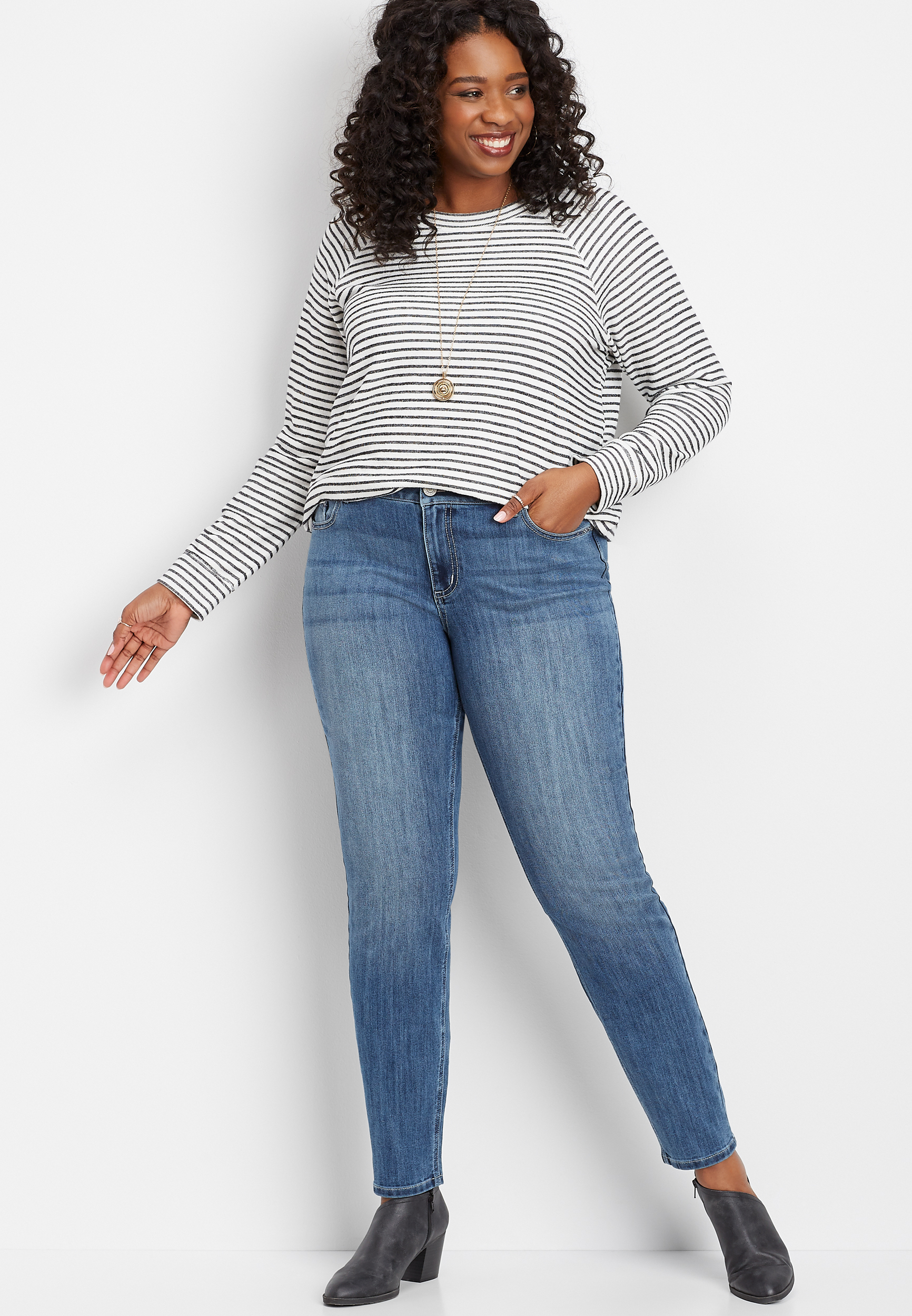 plus size DenimFlex™ medium wash embellished pocket skinny jean