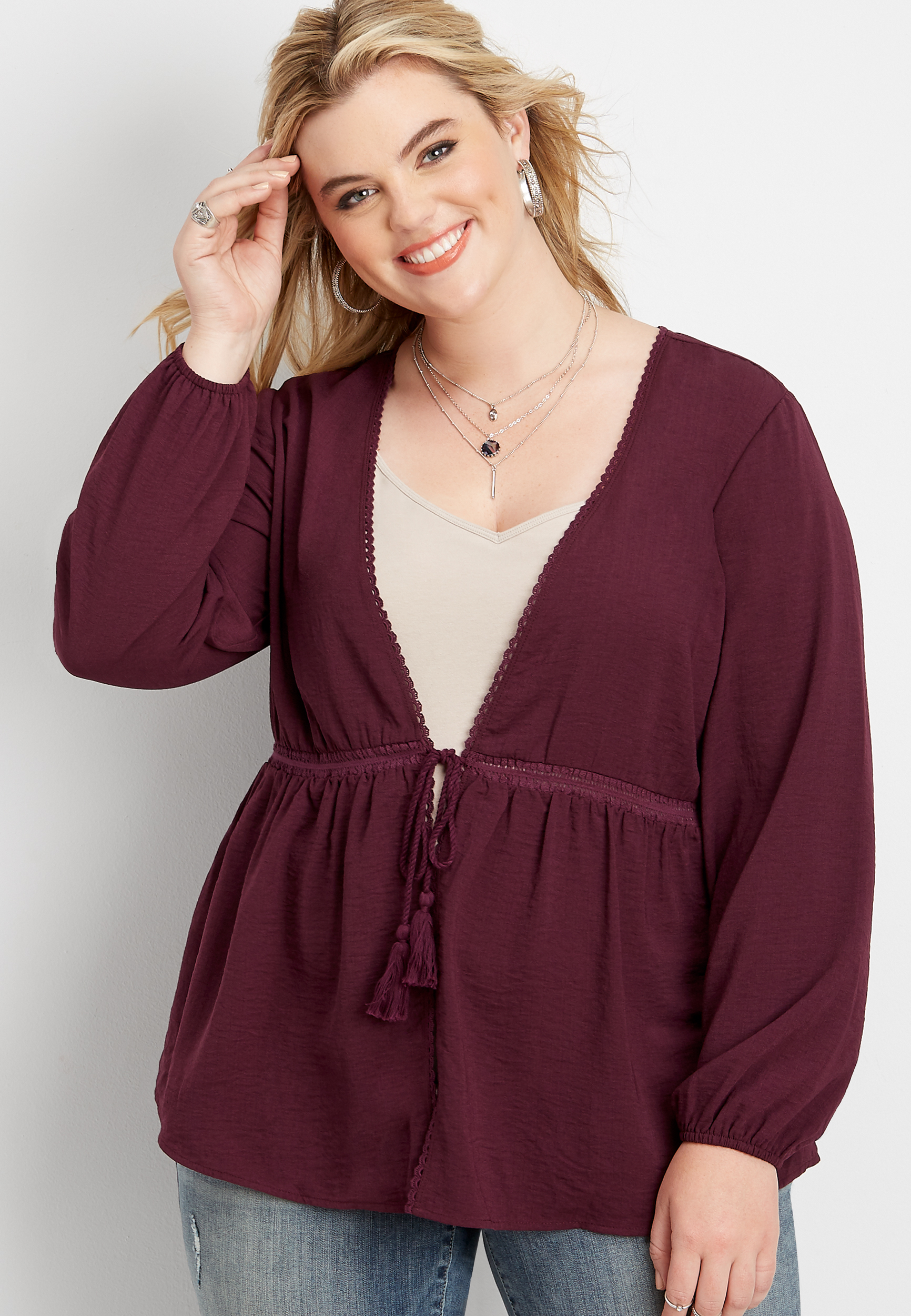 plus size crocheted trim front tie kimono | maurices