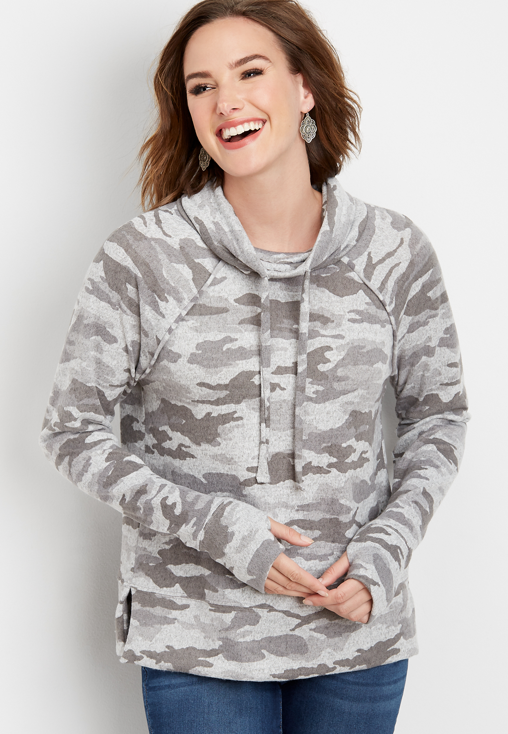 camo cowl neck pullover | maurices