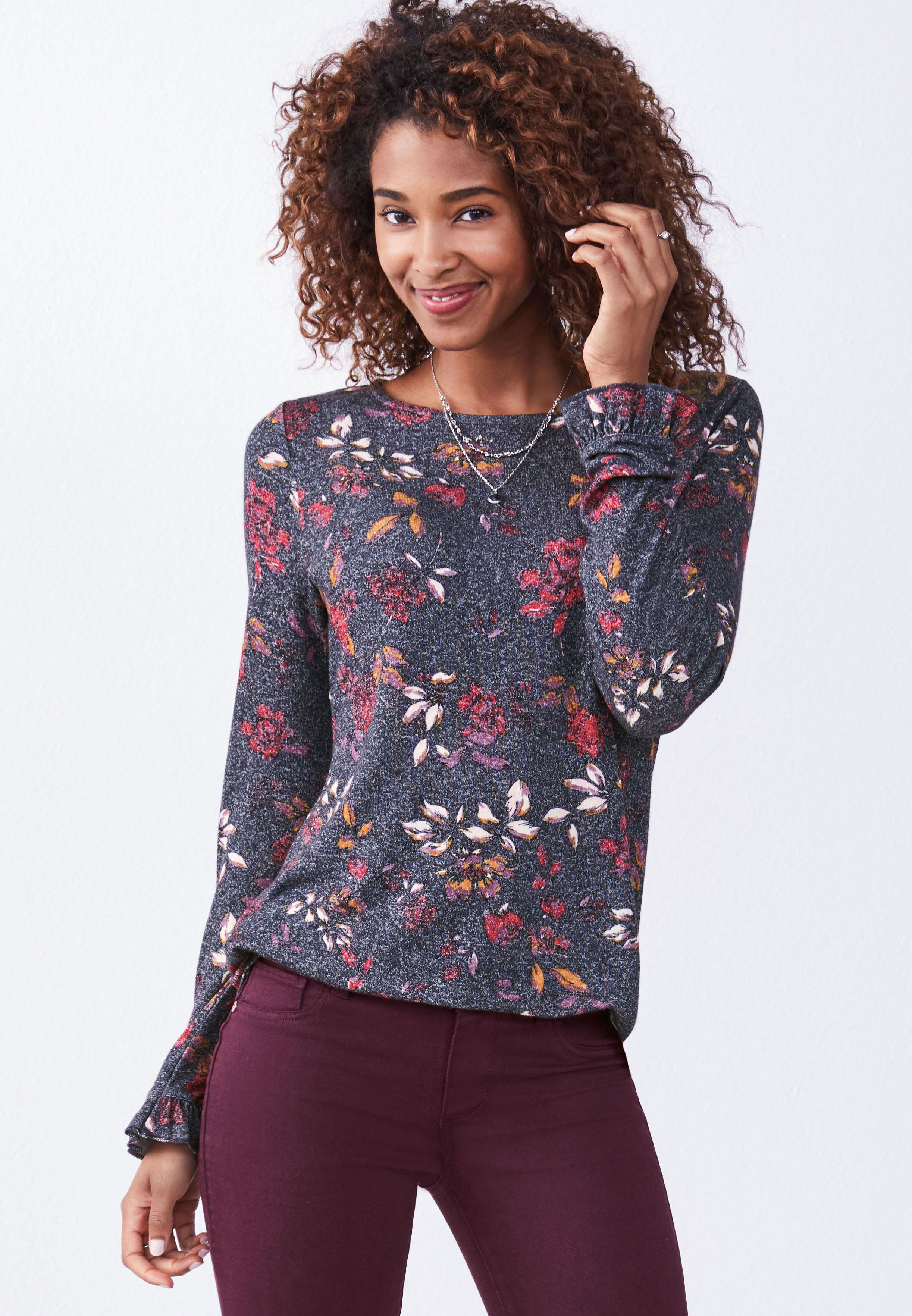 24/7 floral long flutter sleeve tee | maurices