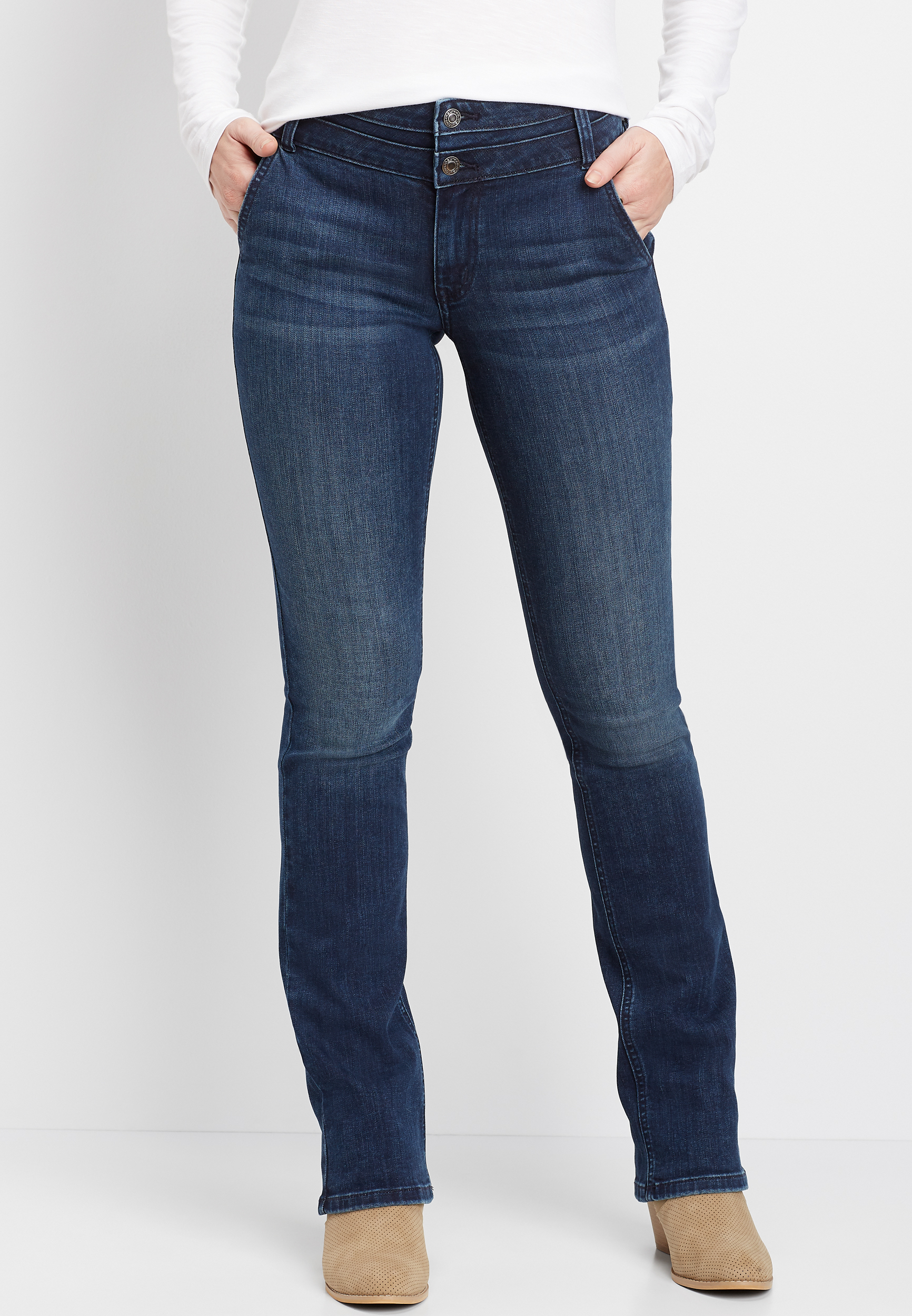 DenimFlex™ High Rise Dark Stacked Waist Slim Boot Jean | maurices