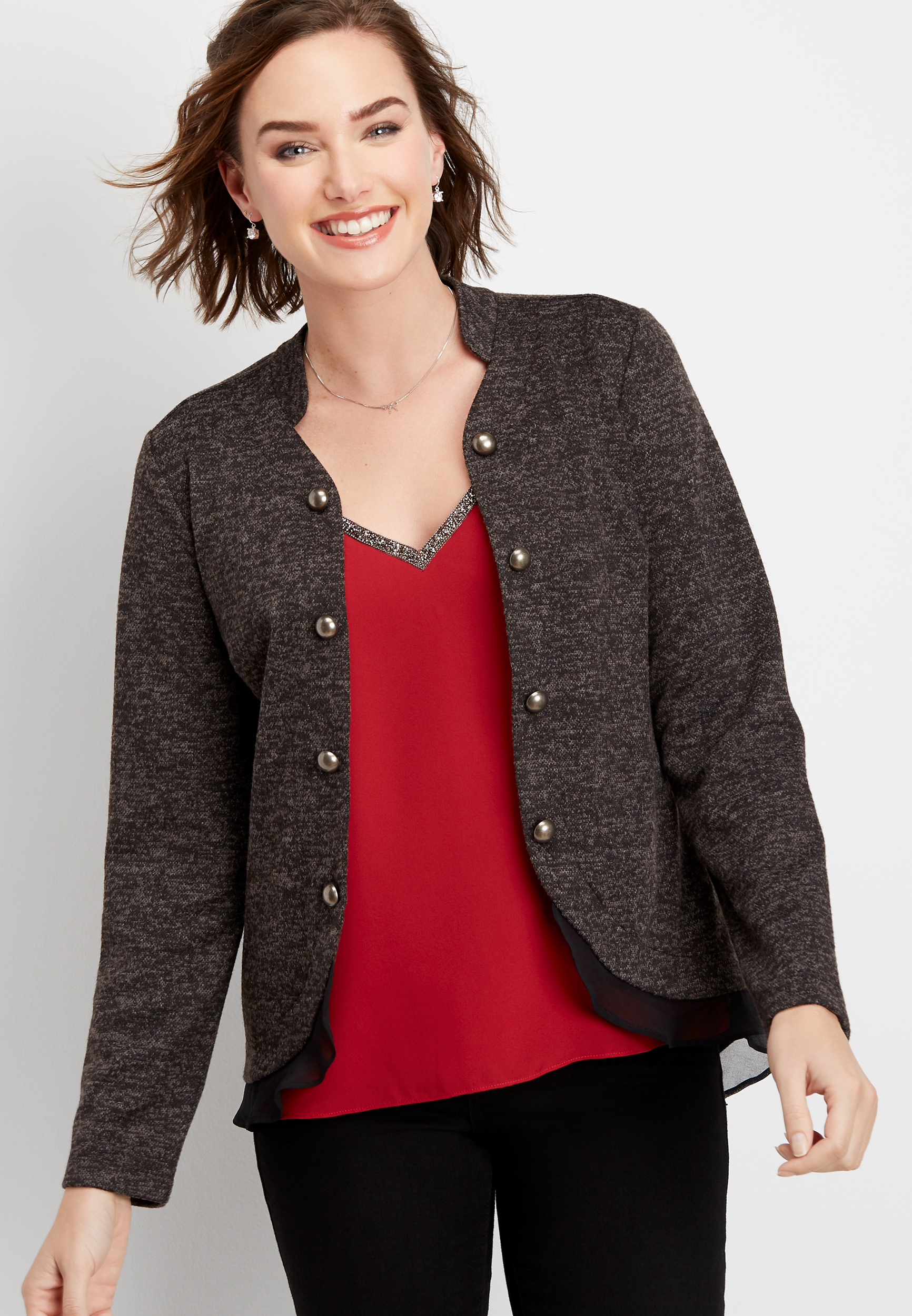 ruffle trim open front military cardigan | maurices