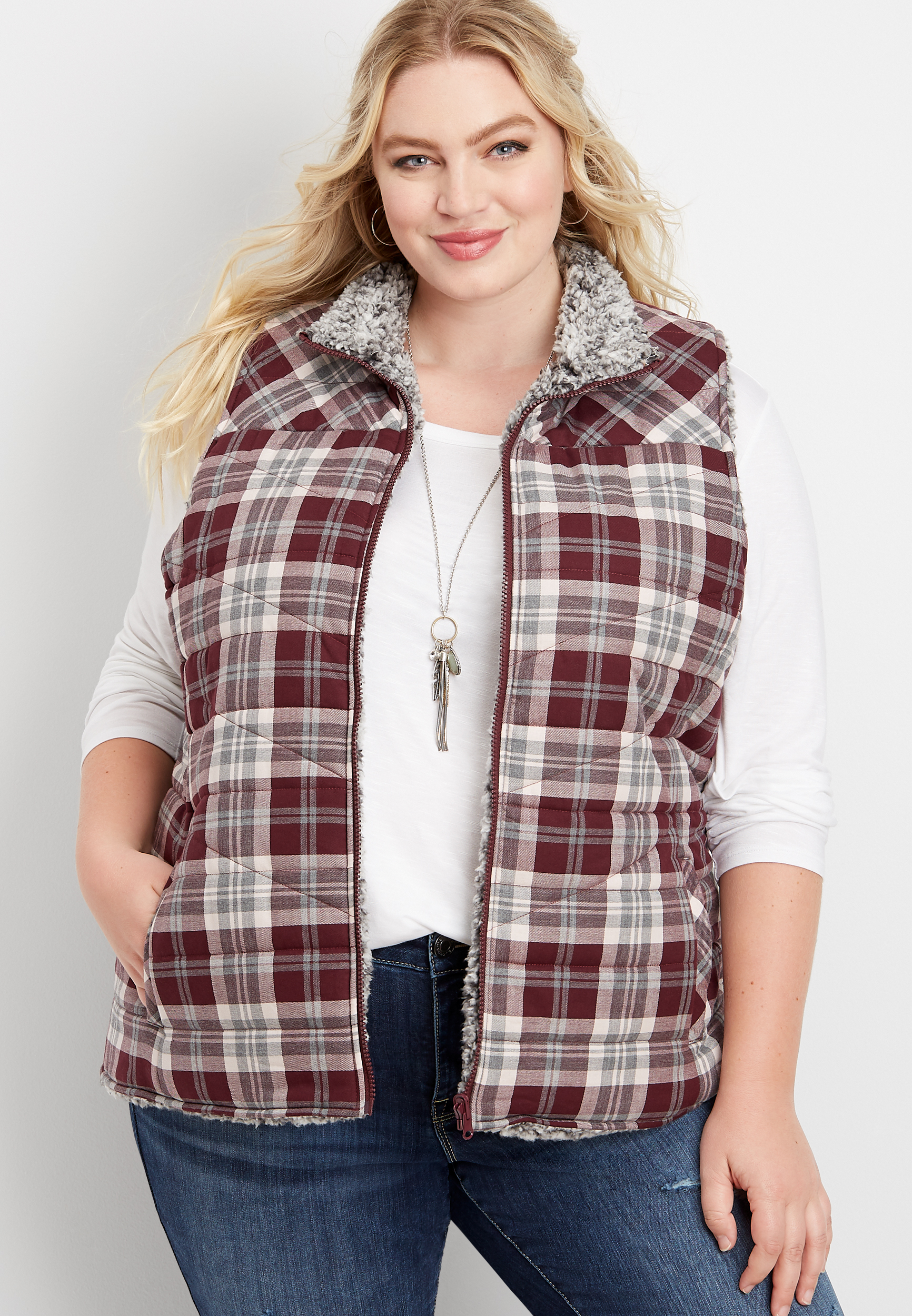 plus size reversible plaid sherpa vest | maurices