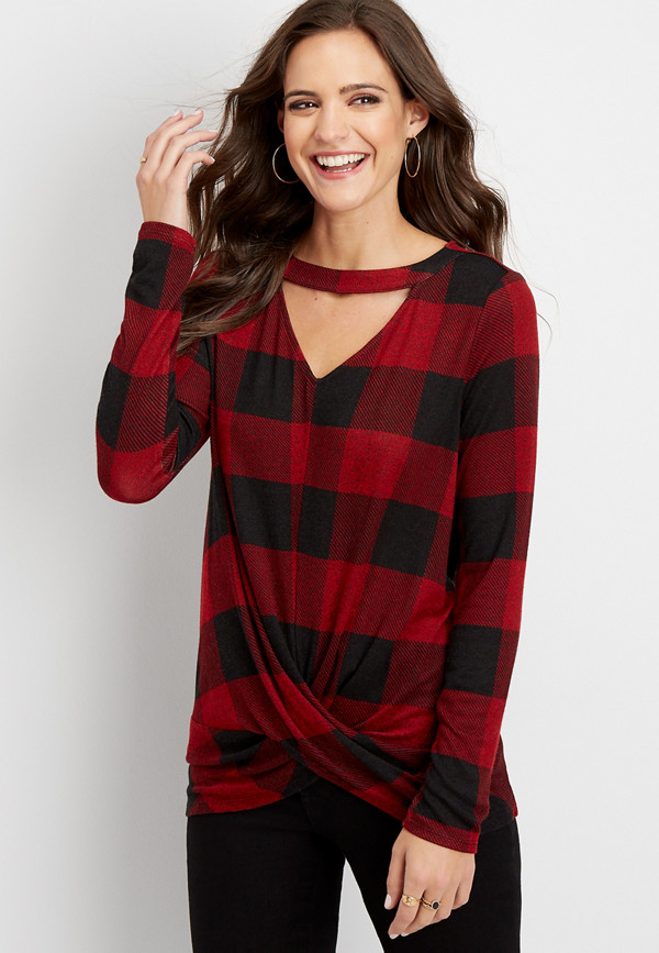 24/7 buffalo plaid cut out neck twisted tee | maurices