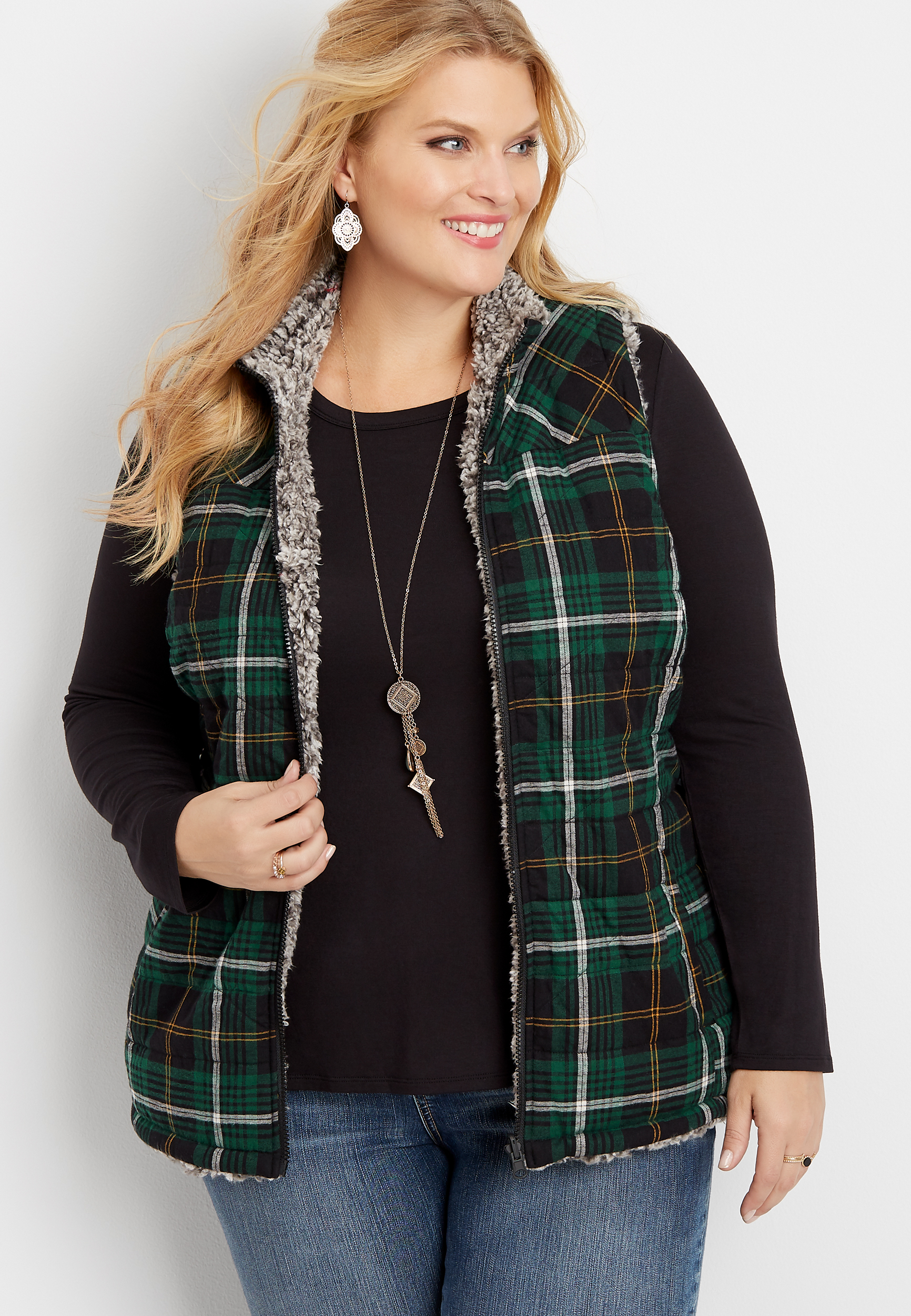 plus size reversible plaid sherpa vest maurices