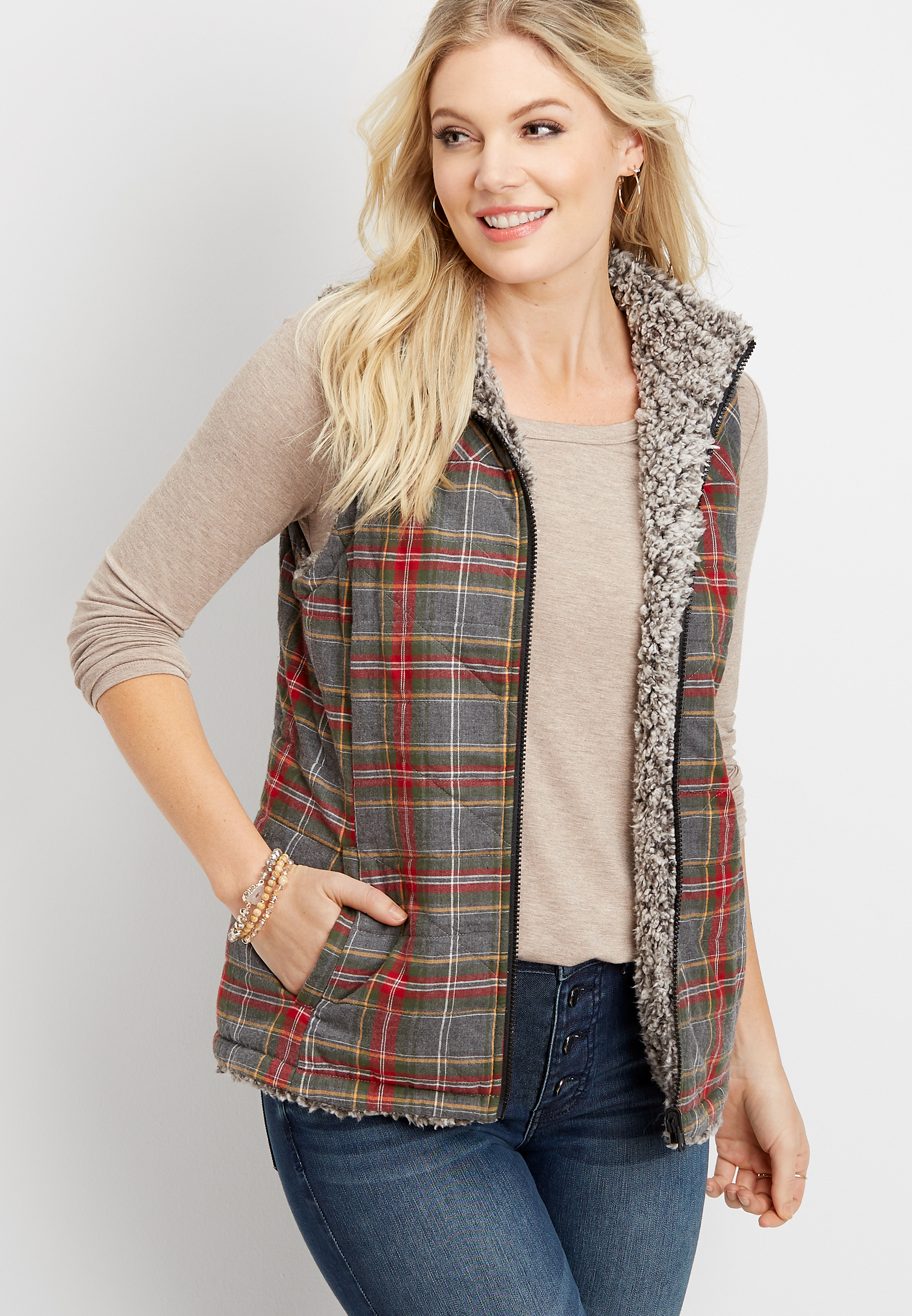 reversible plaid sherpa vest | maurices