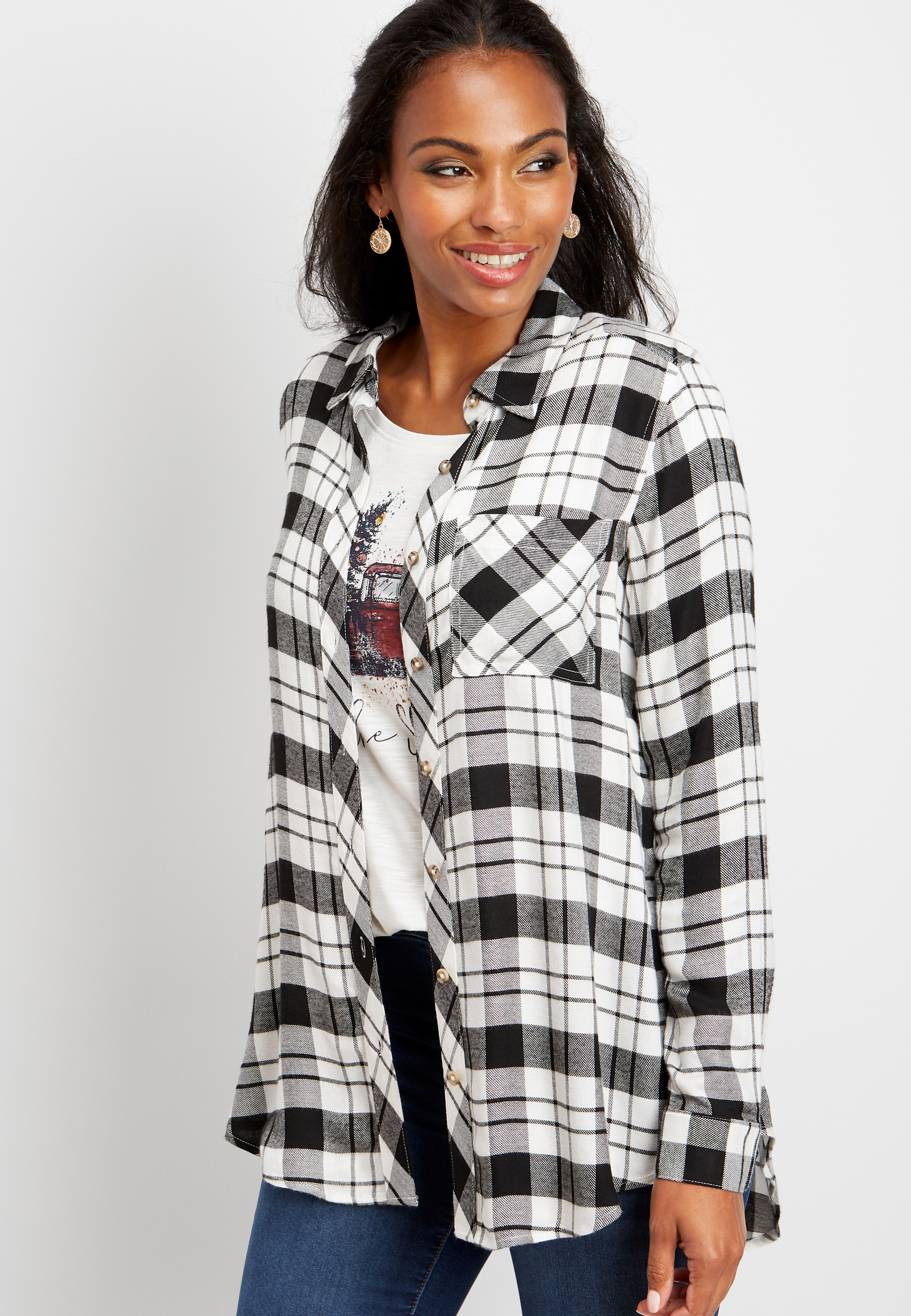 plaid lace up tunic button down shirt | maurices