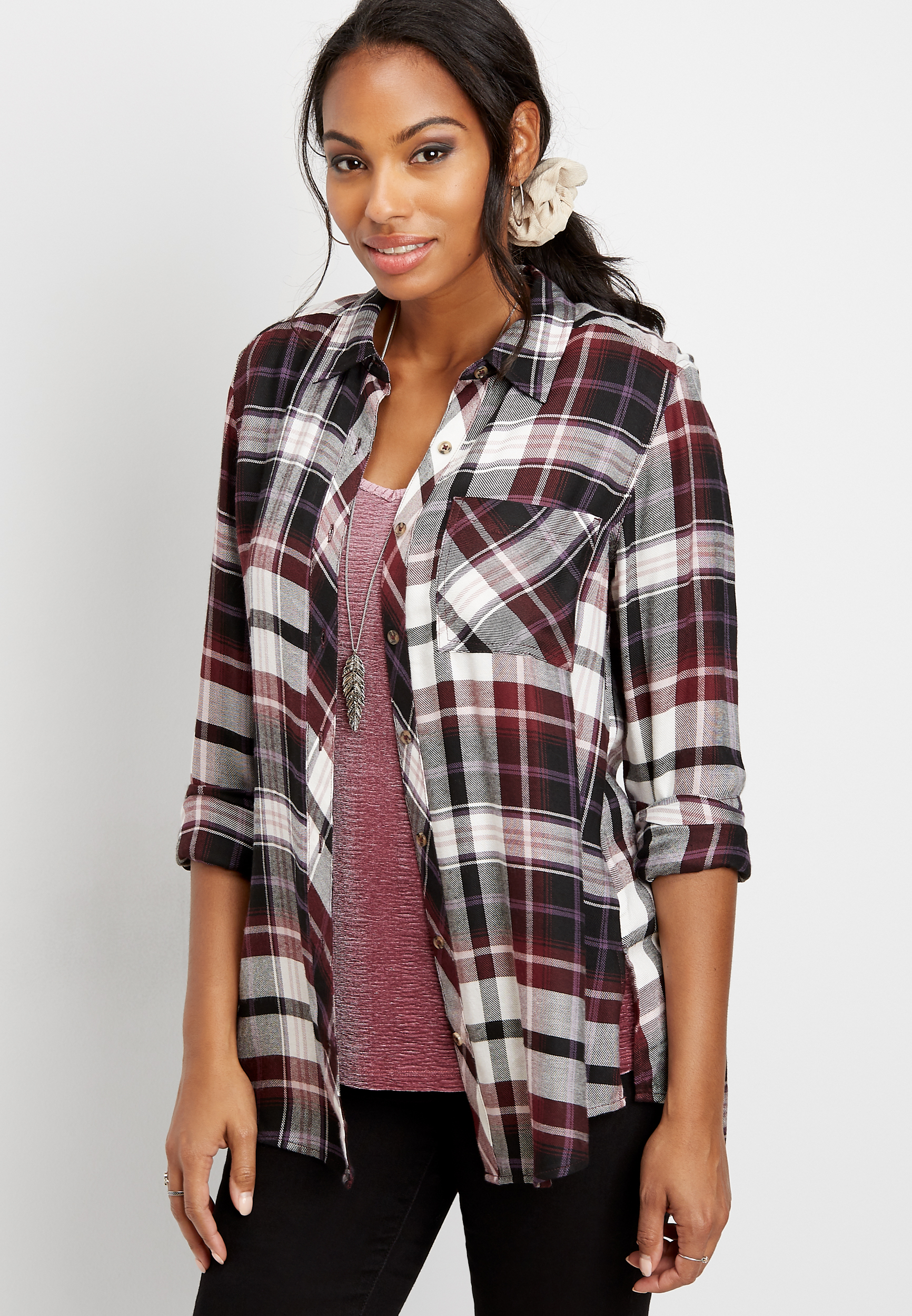 plaid lace up tunic button down shirt | maurices