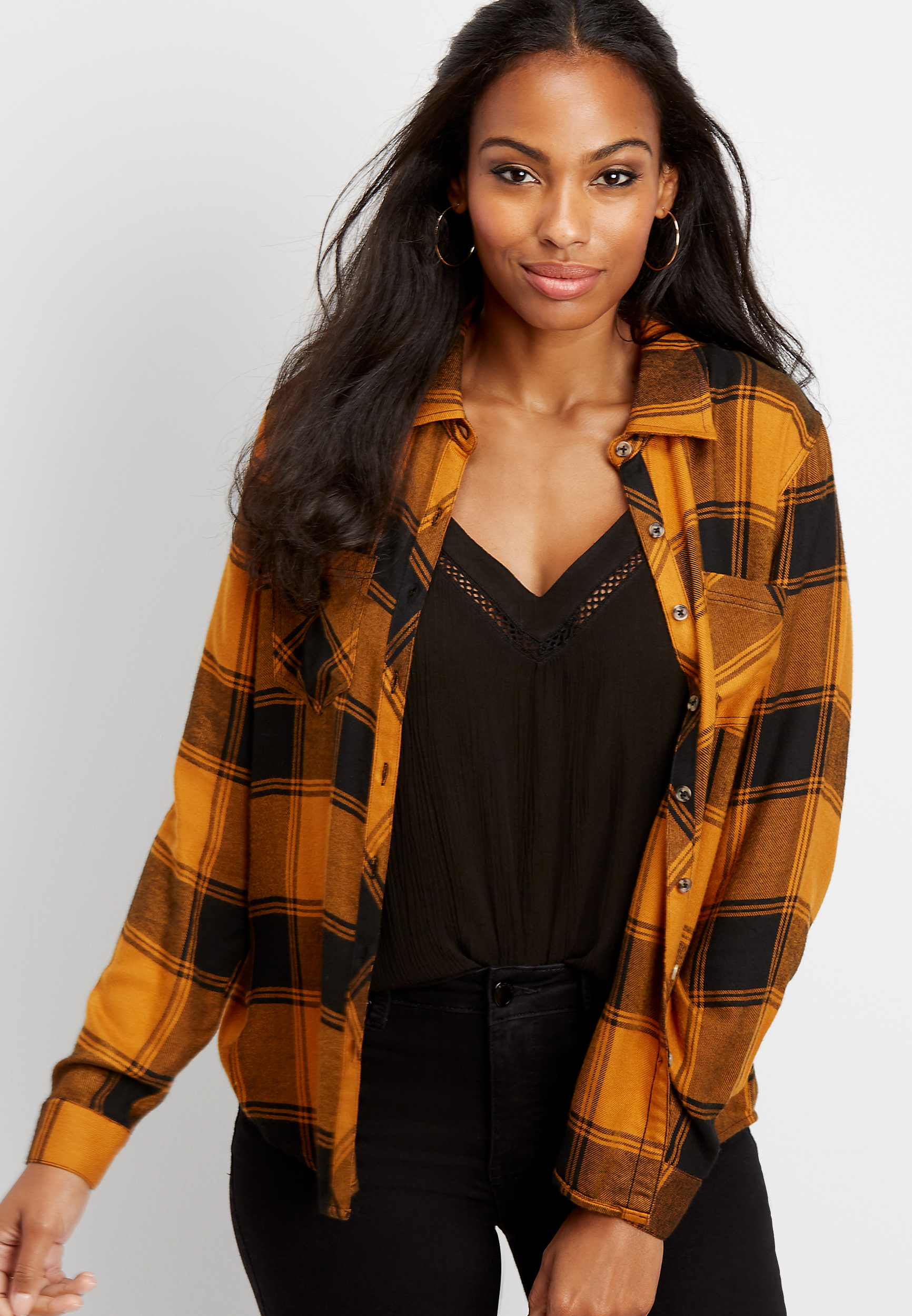 buffalo plaid long sleeve button down shirt | maurices