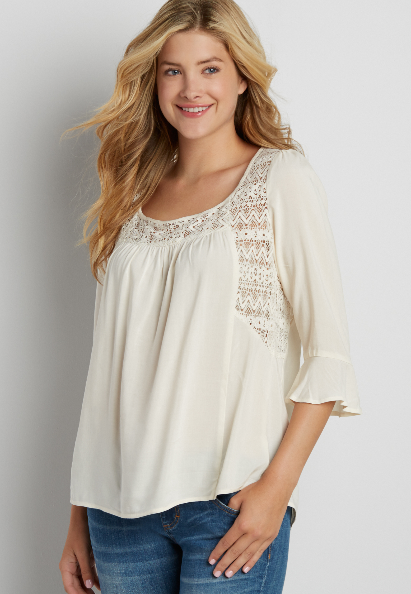 peasant top with lace and bell sleeves | maurices