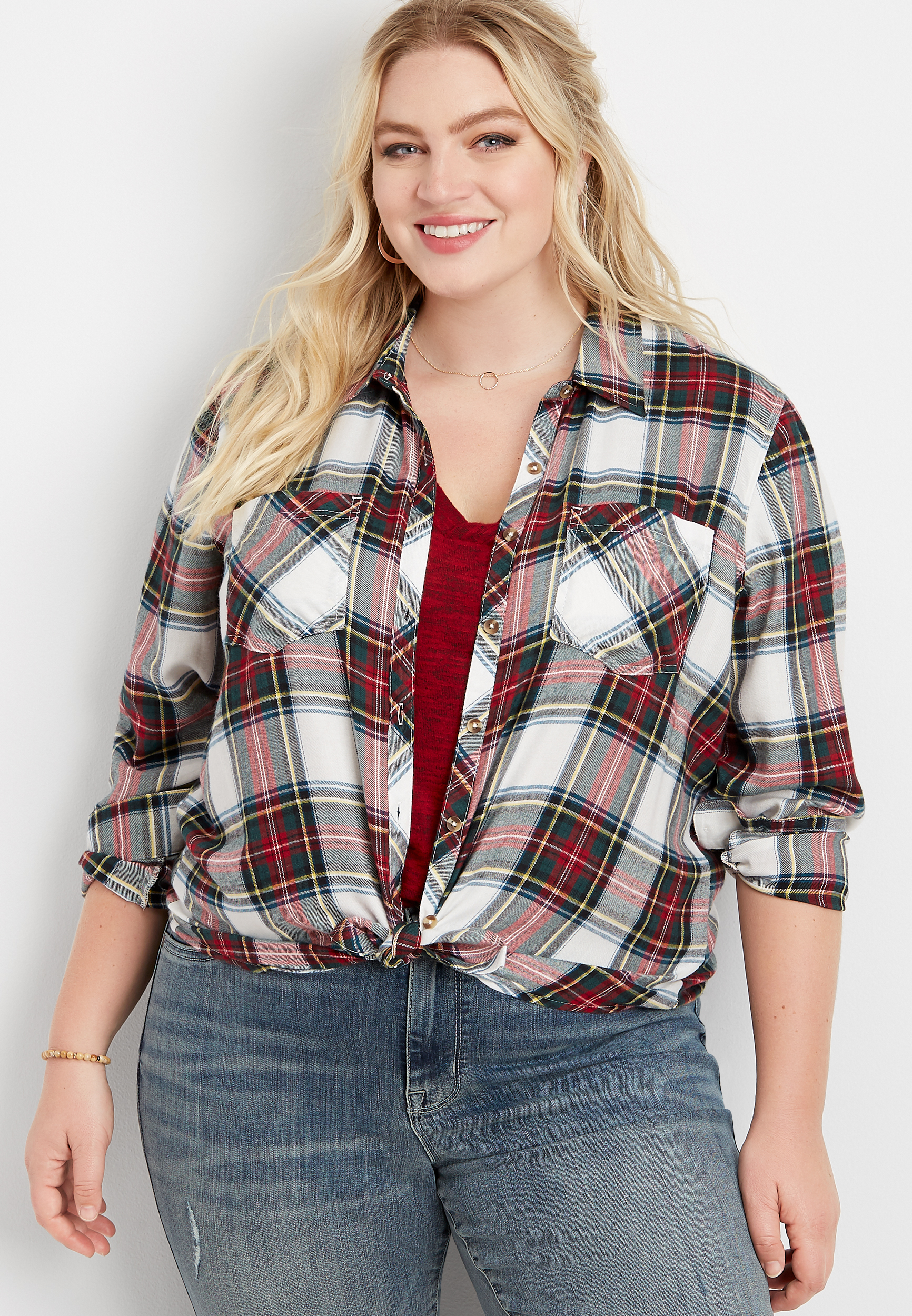 plus size plaid long sleeve button down shirt | maurices
