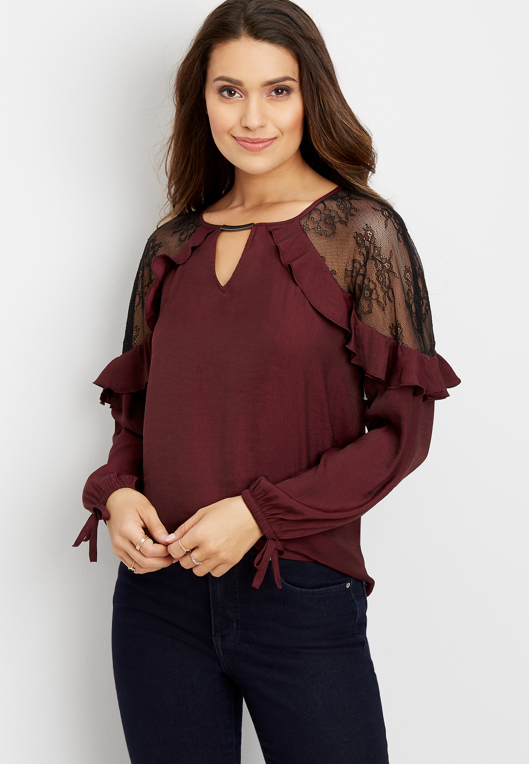 lace shoulder ruffle sleeve blouse | maurices