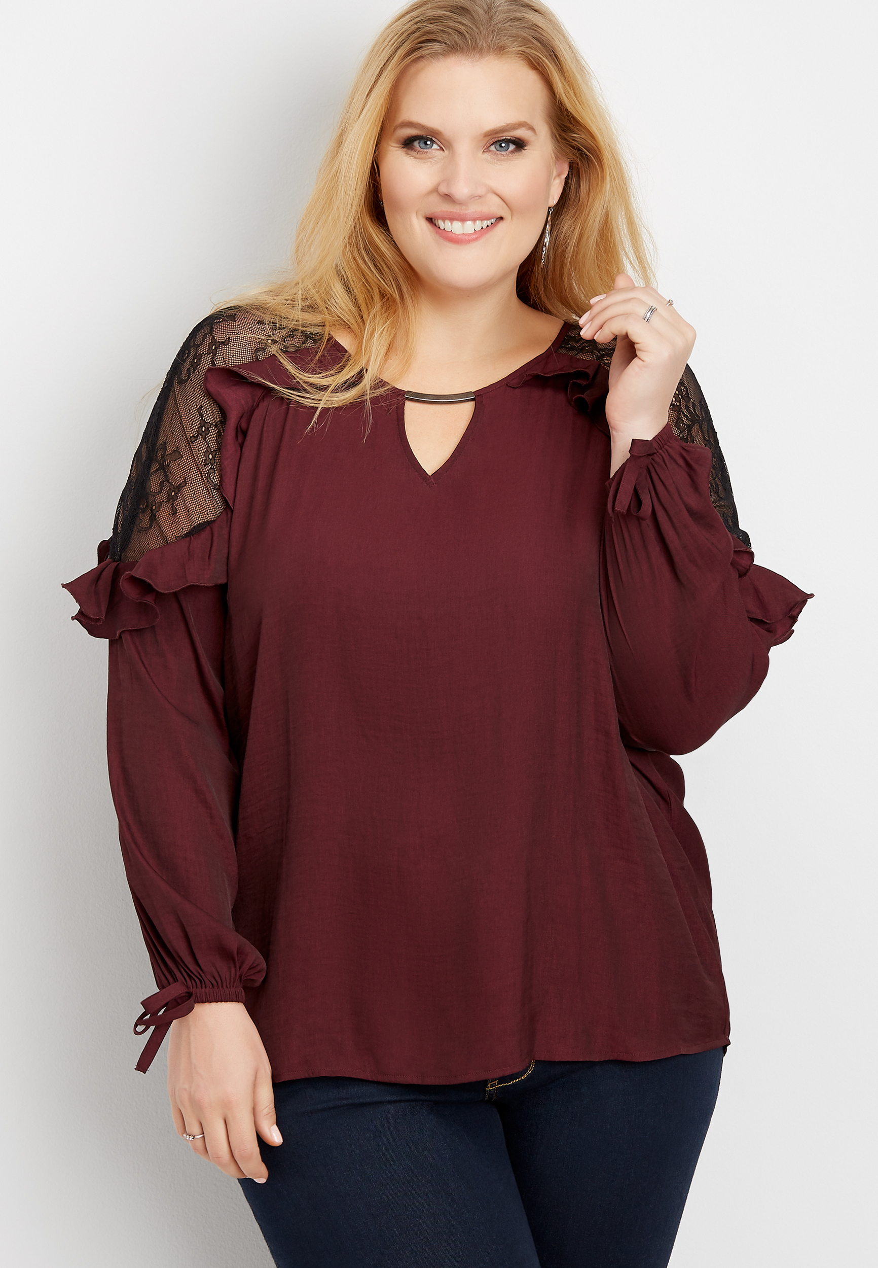 plus size lace shoulder ruffle sleeve blouse | maurices
