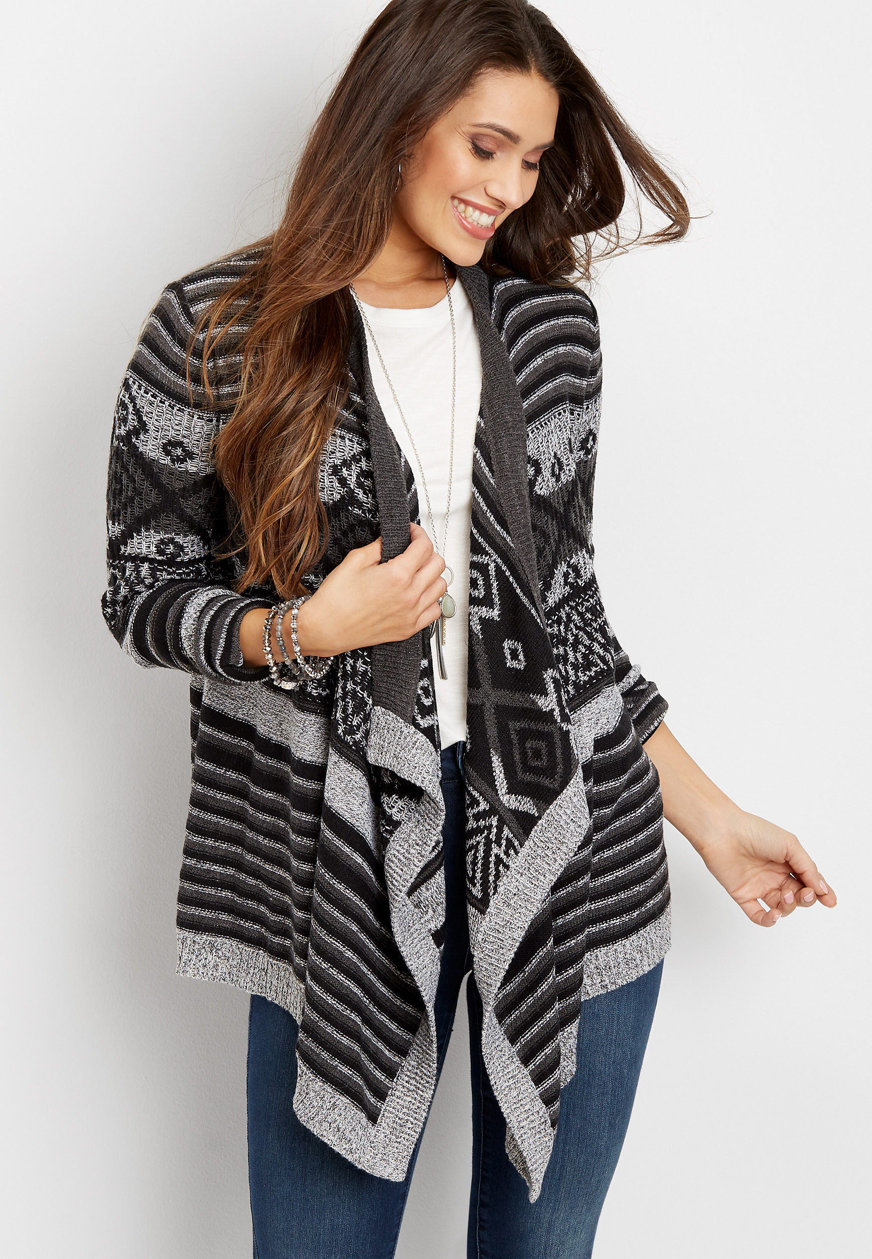 fair isle open front waterfall cardigan | maurices