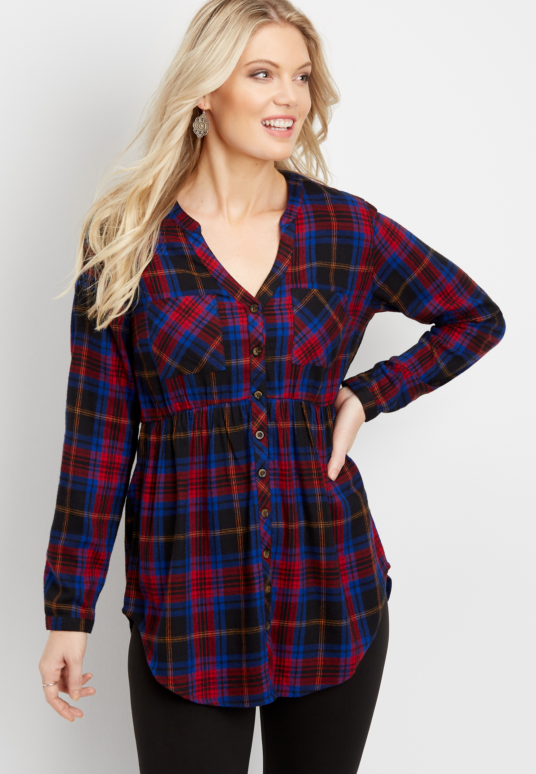 plaid babydoll tunic button down shirt