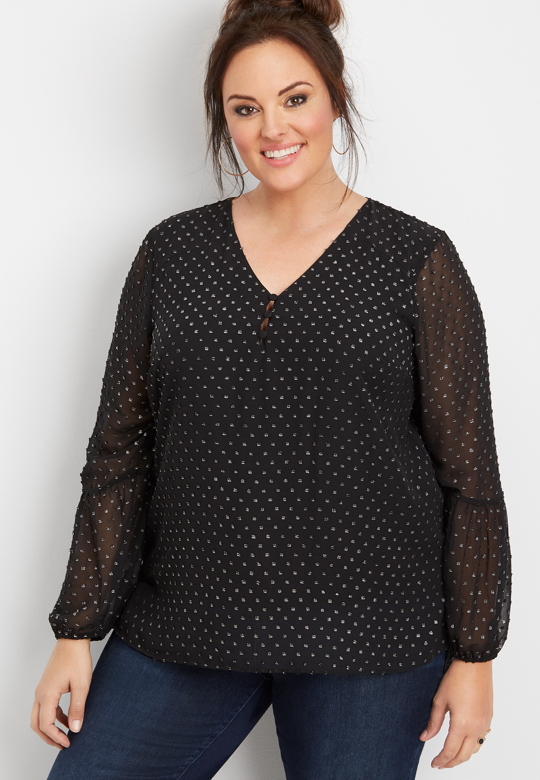 Plus Size Swiss Dot Lantern Sleeve Blouse Maurices