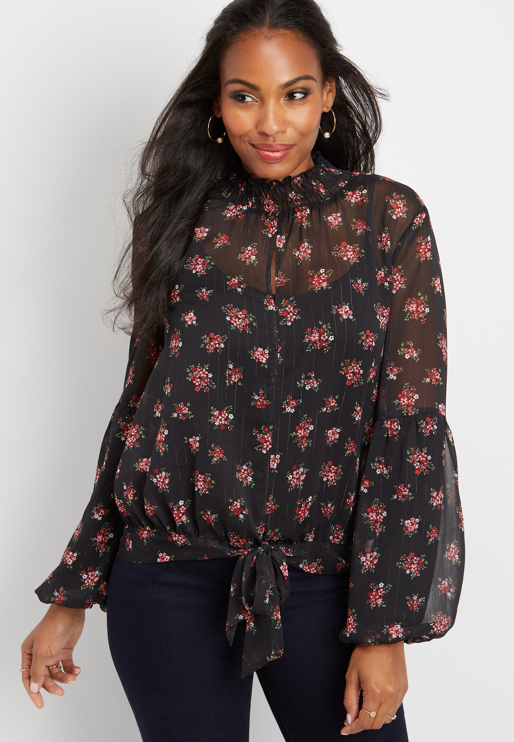 Metallic Floral Front Tie Blouse Maurices 4156