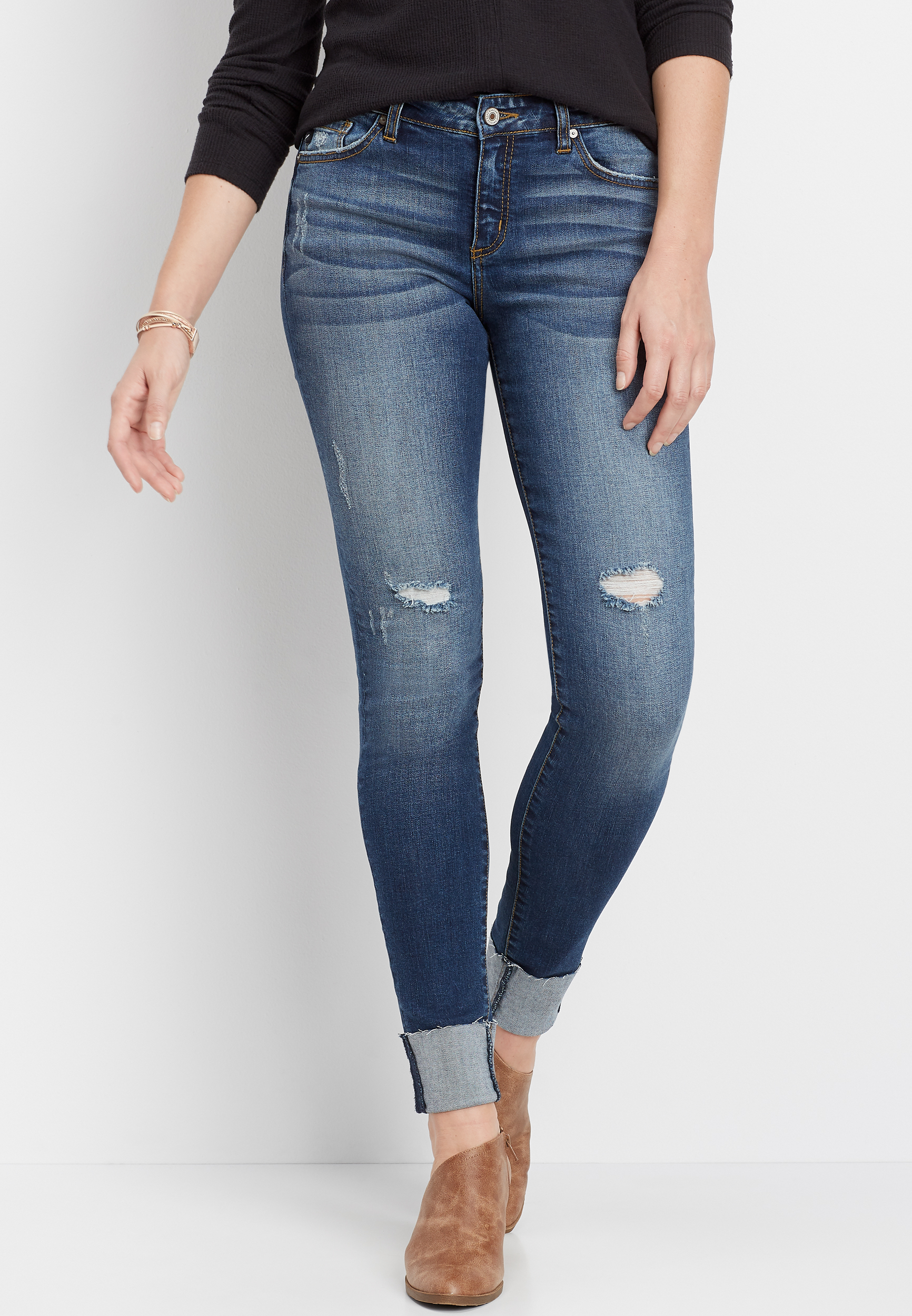 KanCan™ Medium Wash Destructed Cuffed Skinny Jean | maurices