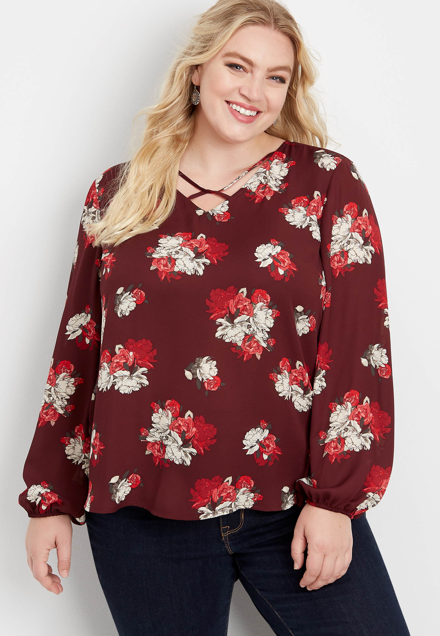 plus size floral twisted lattice neck blouse | maurices