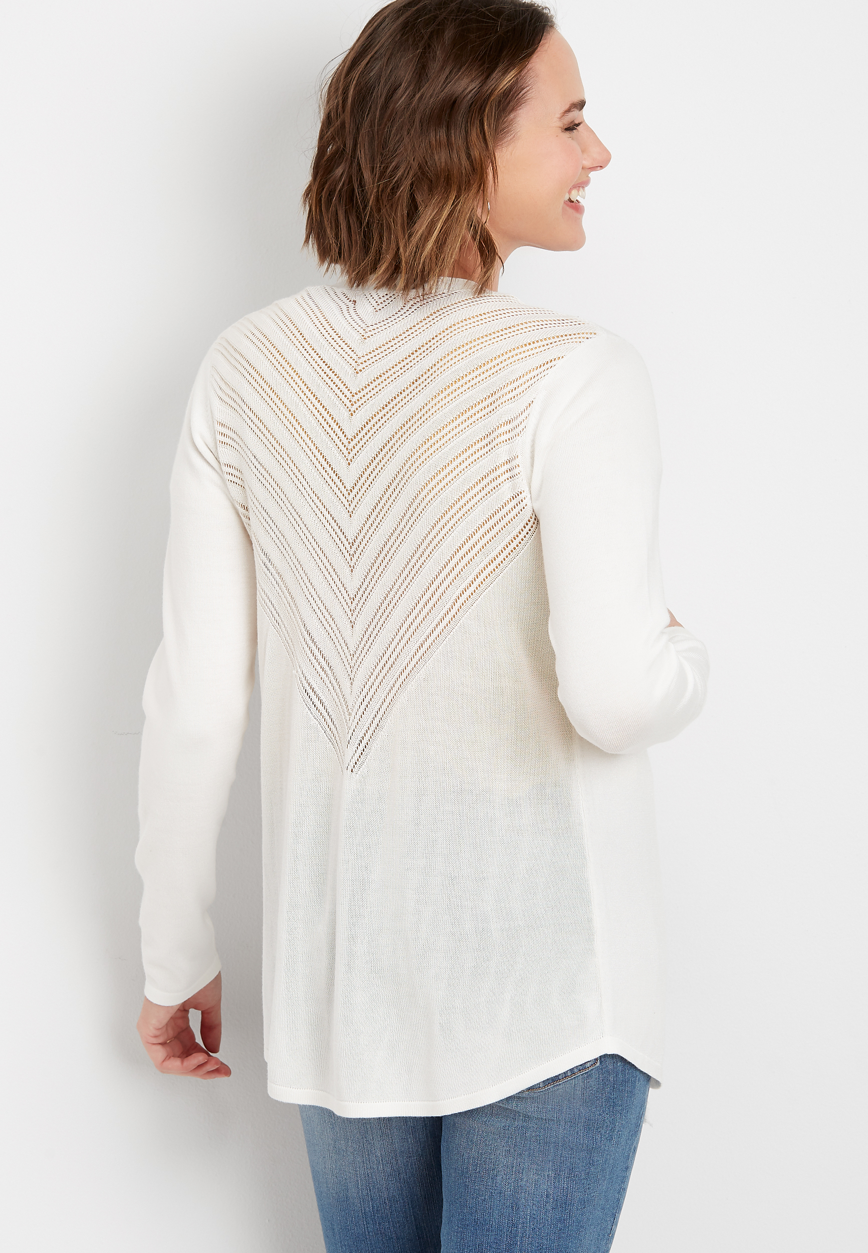 Pointelle Back Open Front Cardigan, , large