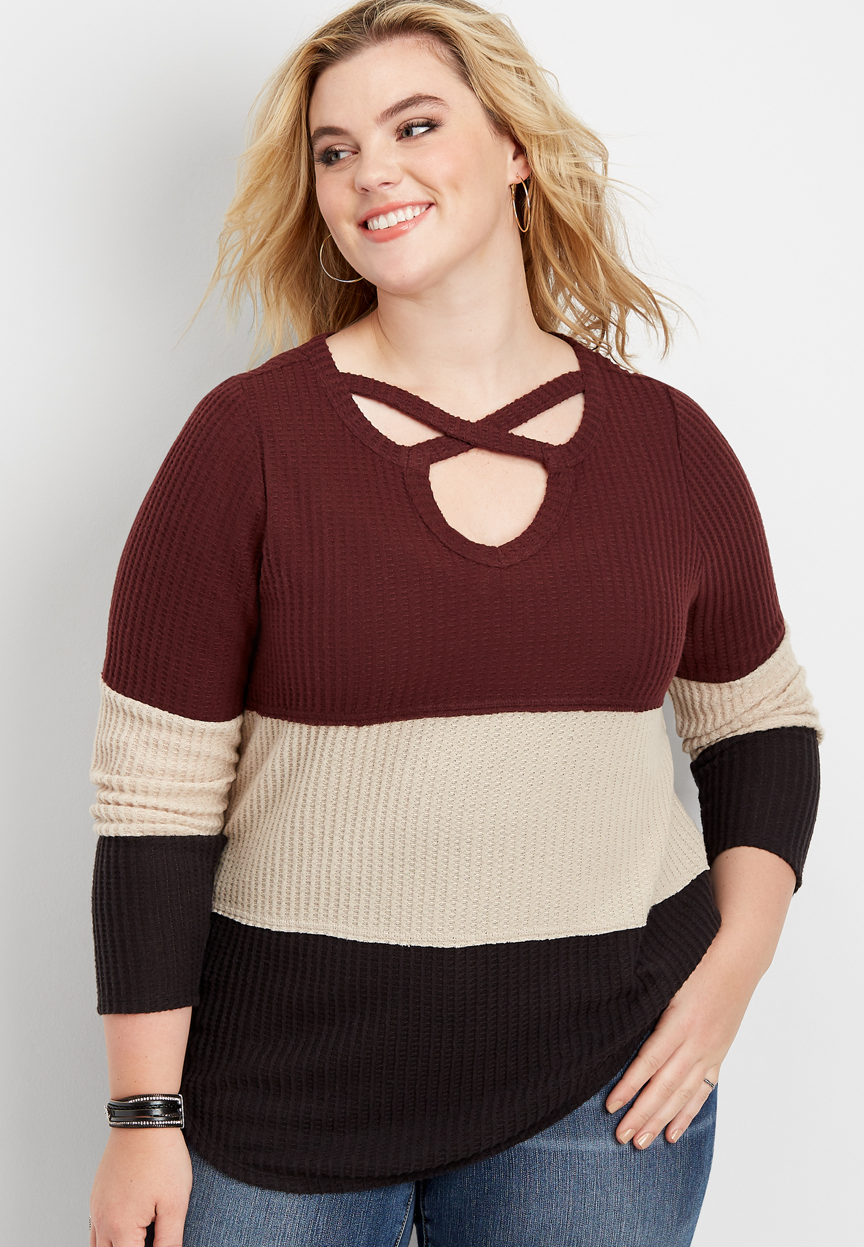 plus size 24/7 colorblock strappy neck waffle thermal tee | maurices