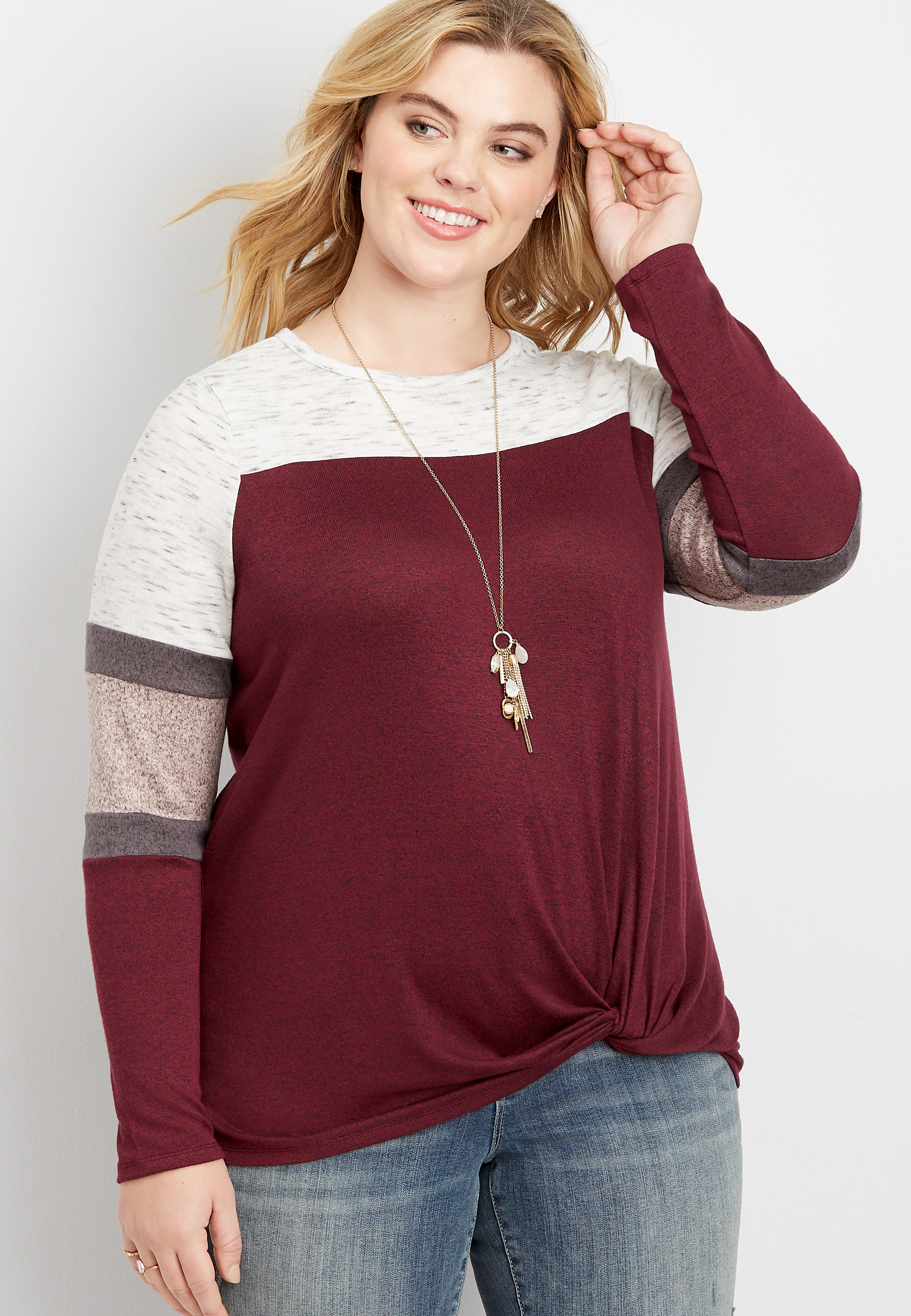 plus size 24/7 colorblock twisted hem tee | maurices