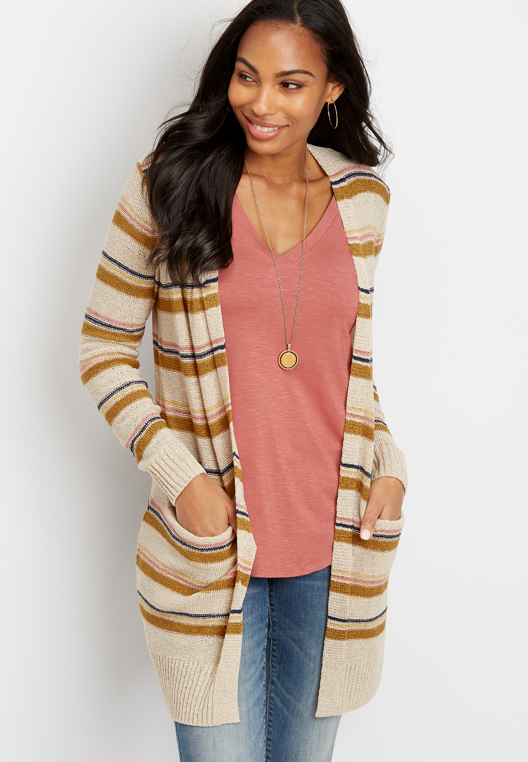 Stripe Open Front Duster Cardigan maurices