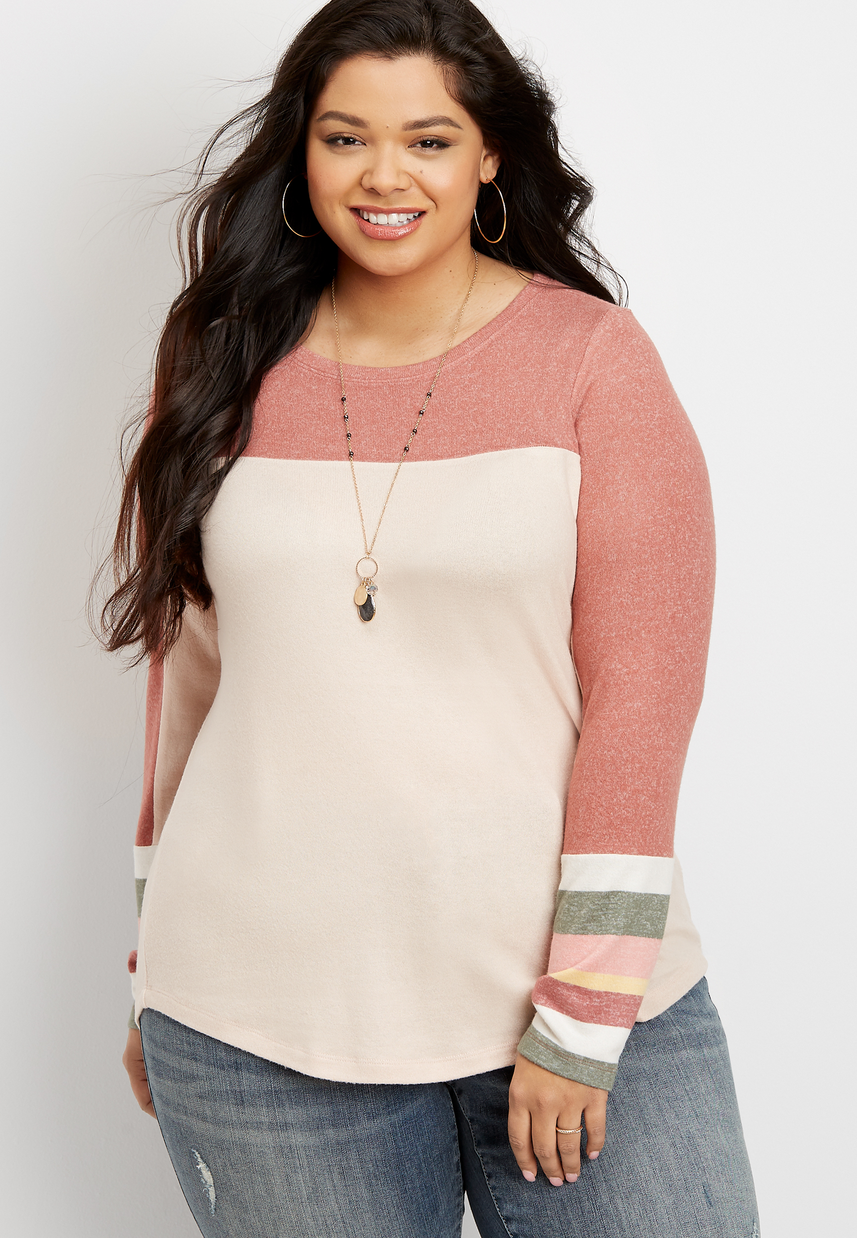 Plus Size 24/7 Stripe Colorblock Long Sleeve Tee | maurices