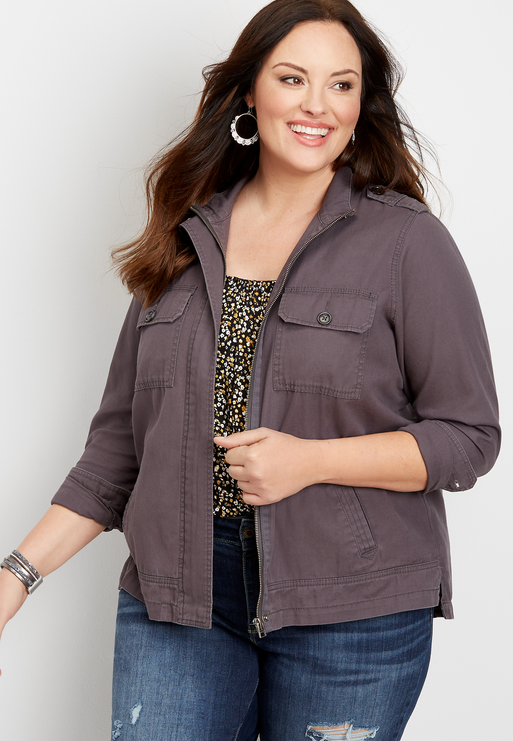 Plus Size Ruffle Back Utility Jacket | maurices