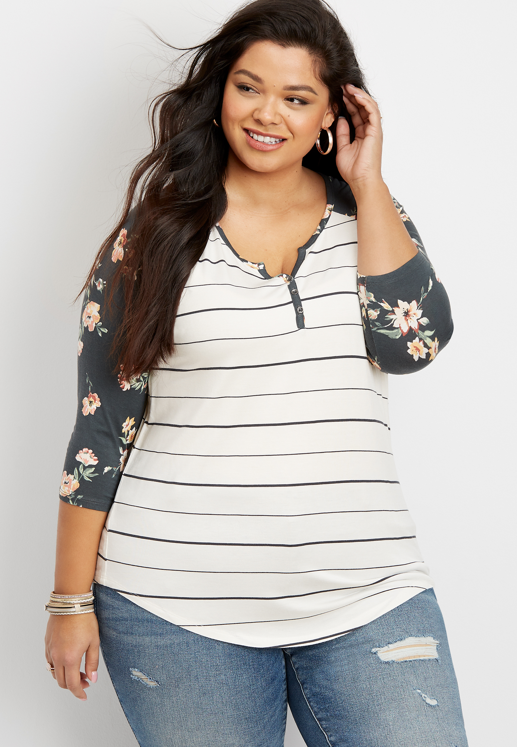 plus size 24/7 floral stripe mix henley baseball tee | maurices