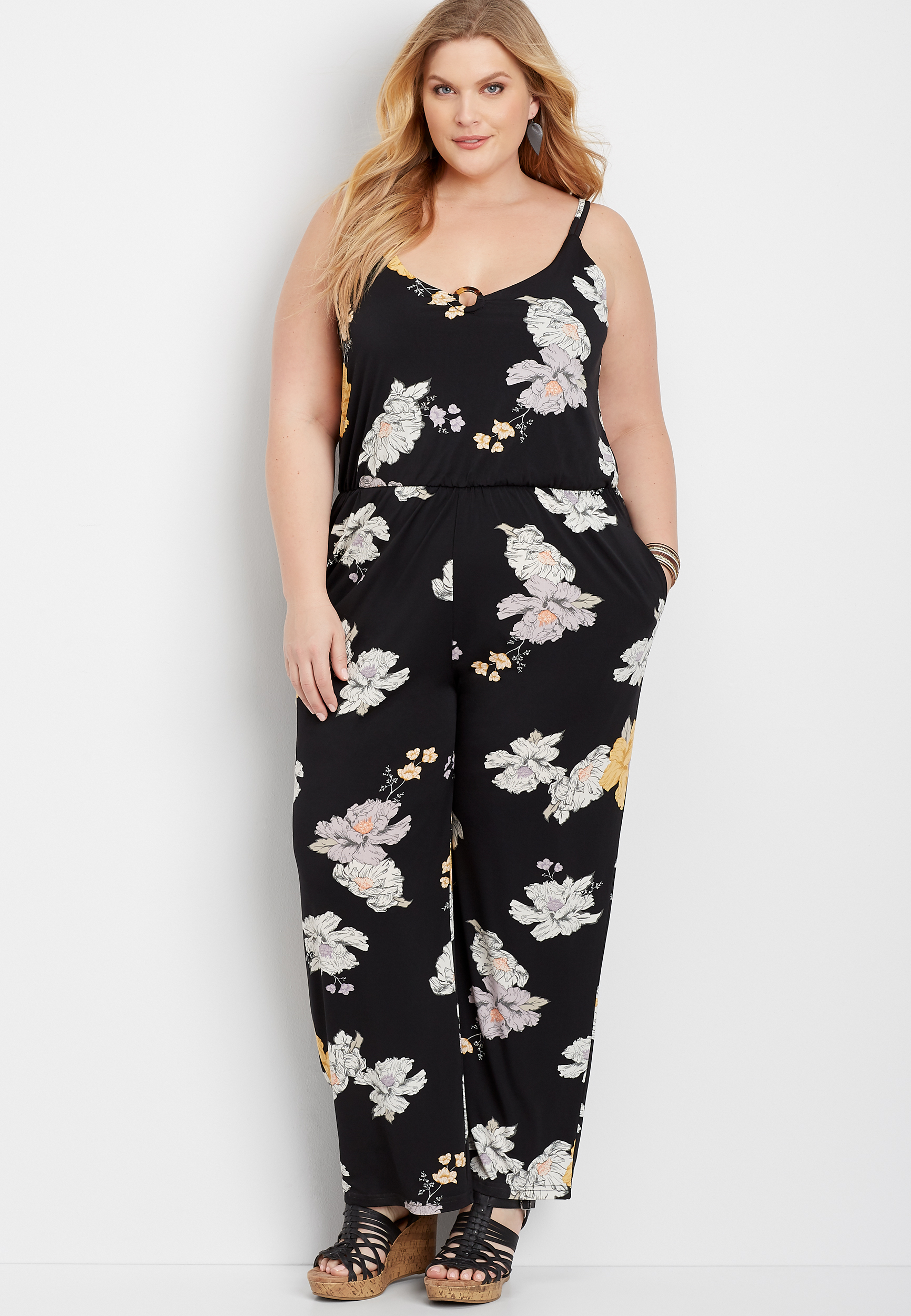 Plus Size Floral Tortoise Ring Pocket Jumpsuit | maurices