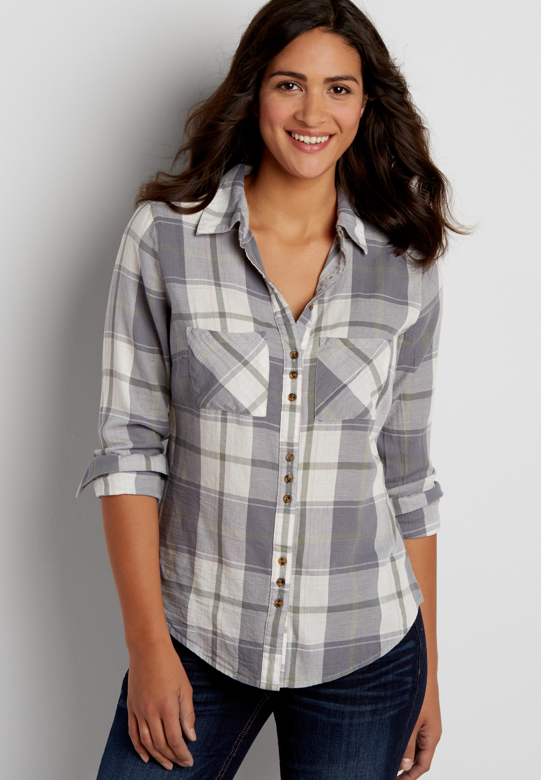 button down weaved plaid shirt in gray combo | maurices