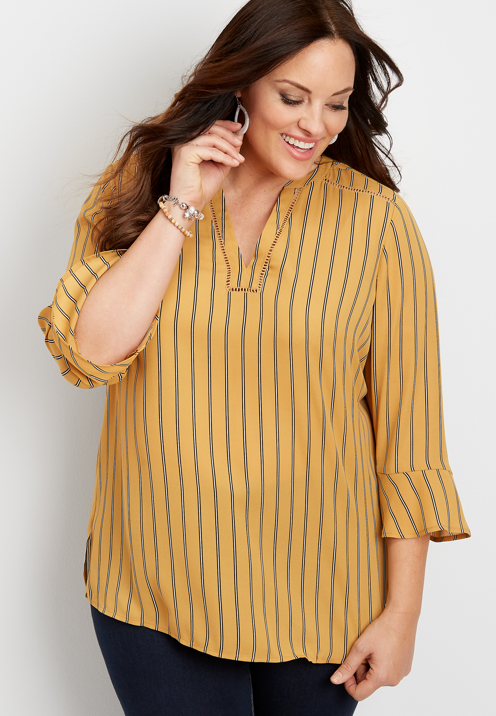 Plus Size Stripe Crochet Trim Tunic Blouse | maurices