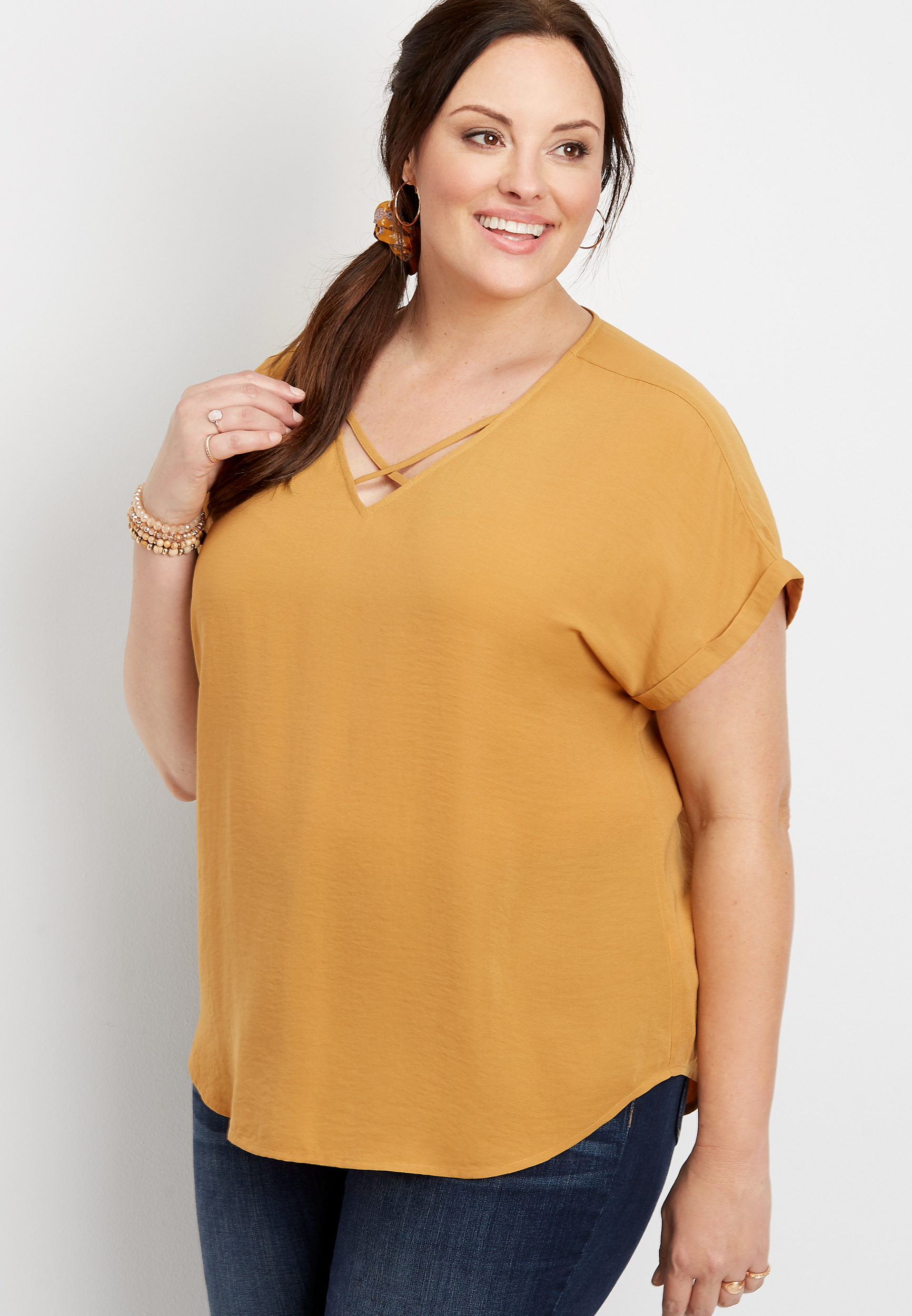 Plus Size Solid Lattice Neck Blouse | maurices