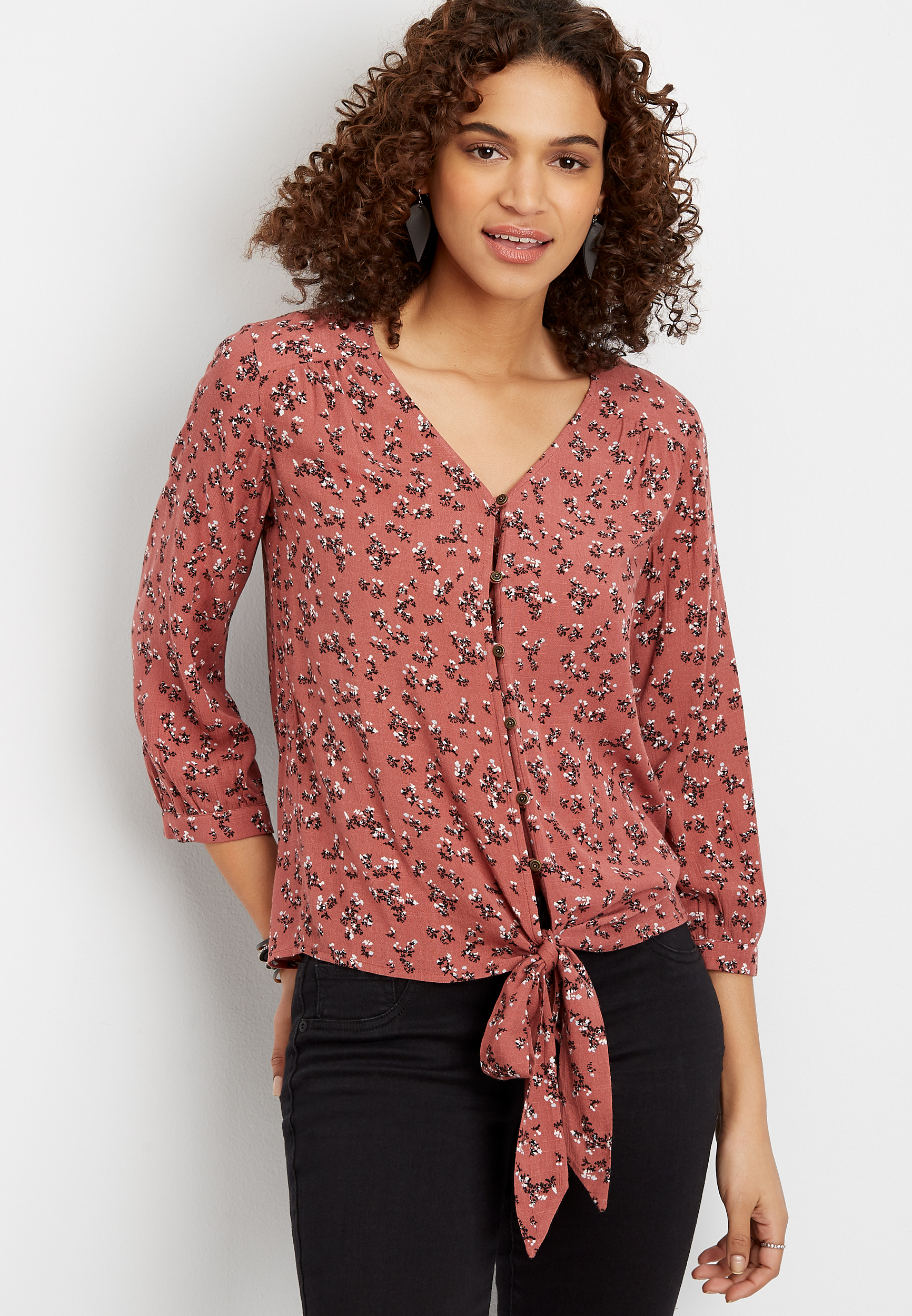 Ditsy Floral Front Tie Peasant Blouse maurices