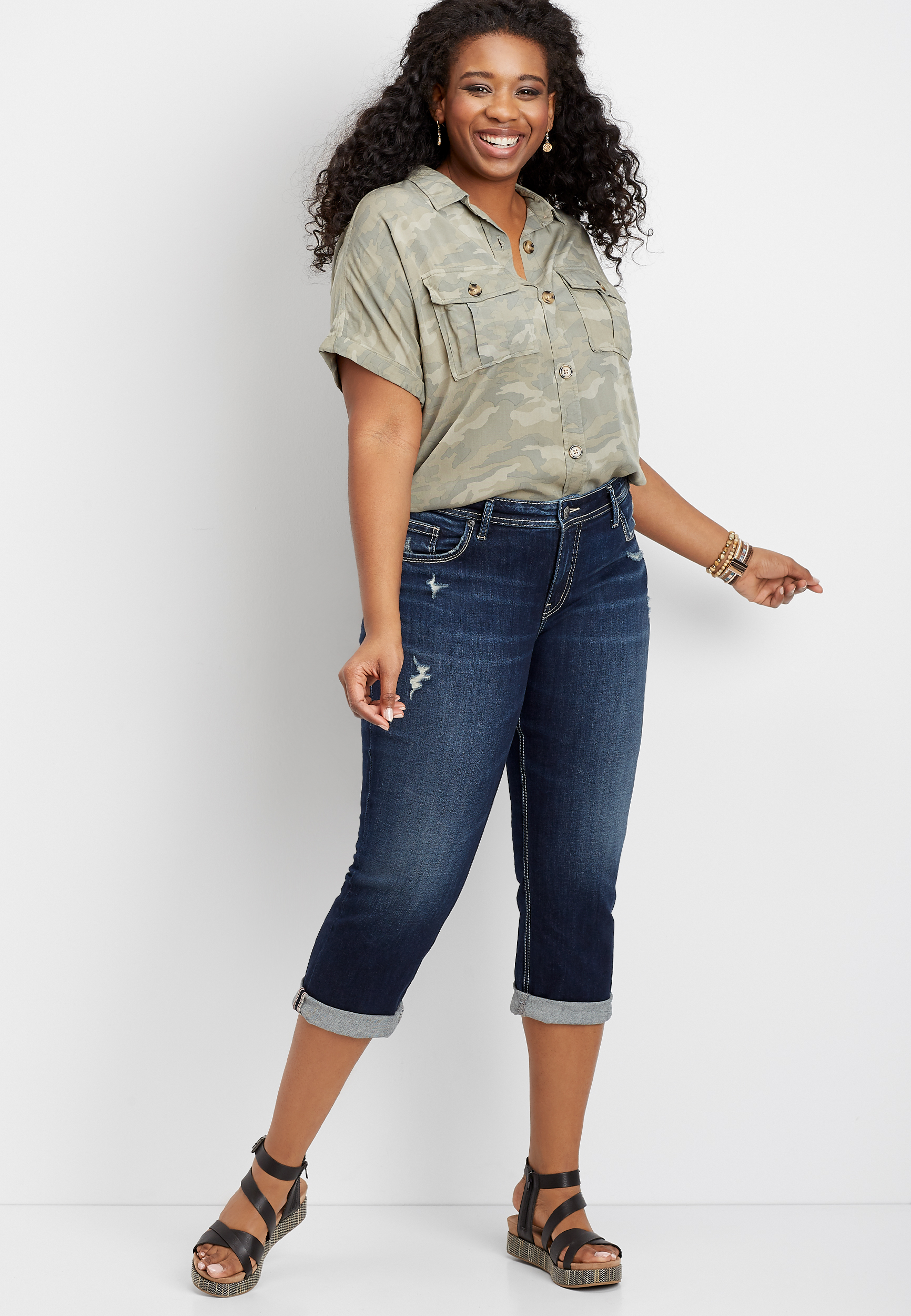 Plus Size Silver Jeans Co.® Suki Dark Wash Destructed Capri | maurices