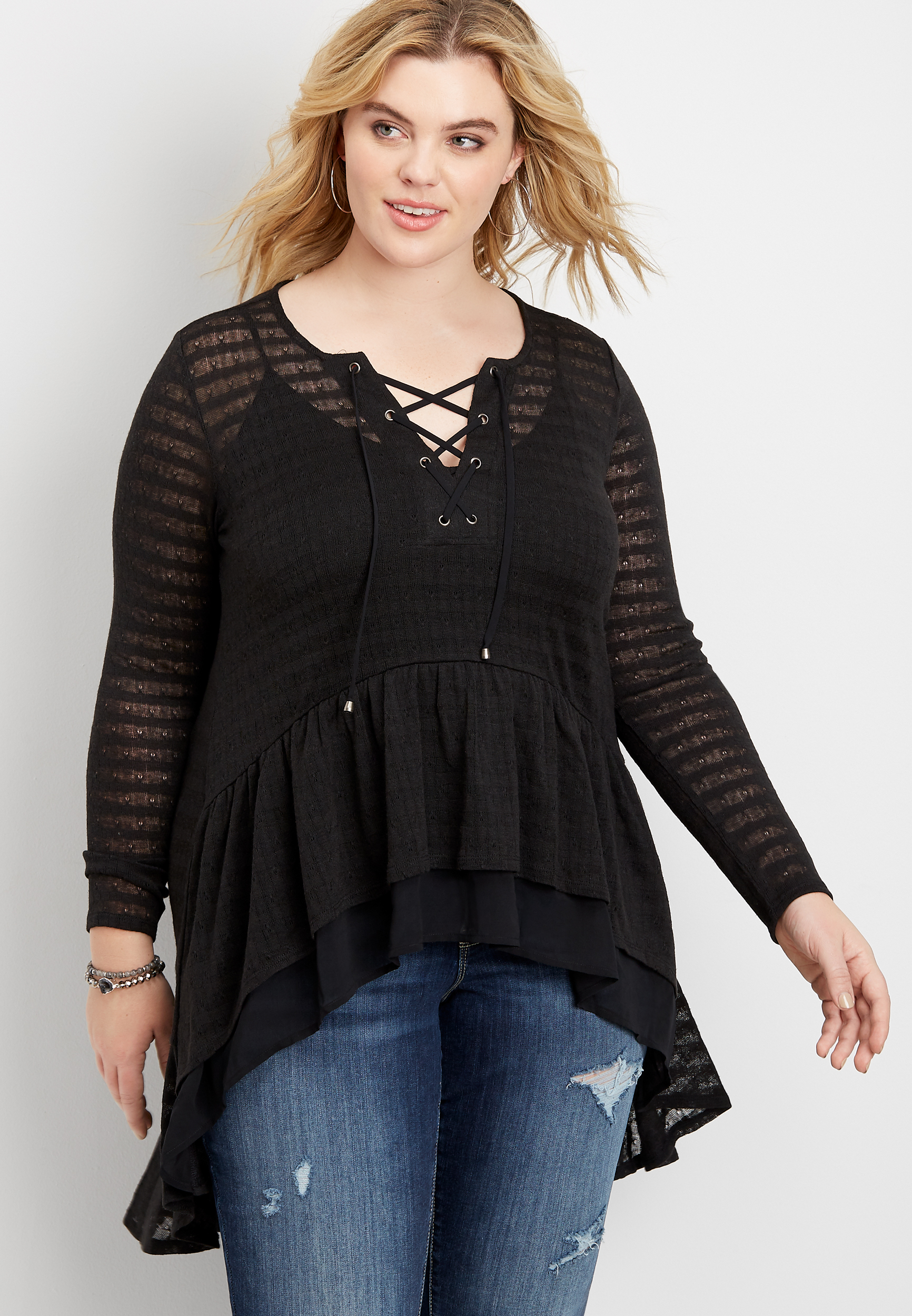 plus size pointelle high low lace up duster top | maurices