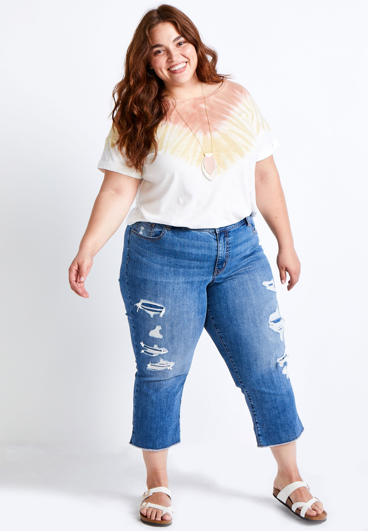 Plus Size DenimFlex™ Medium Wash Destructed Cuffed Capri | maurices